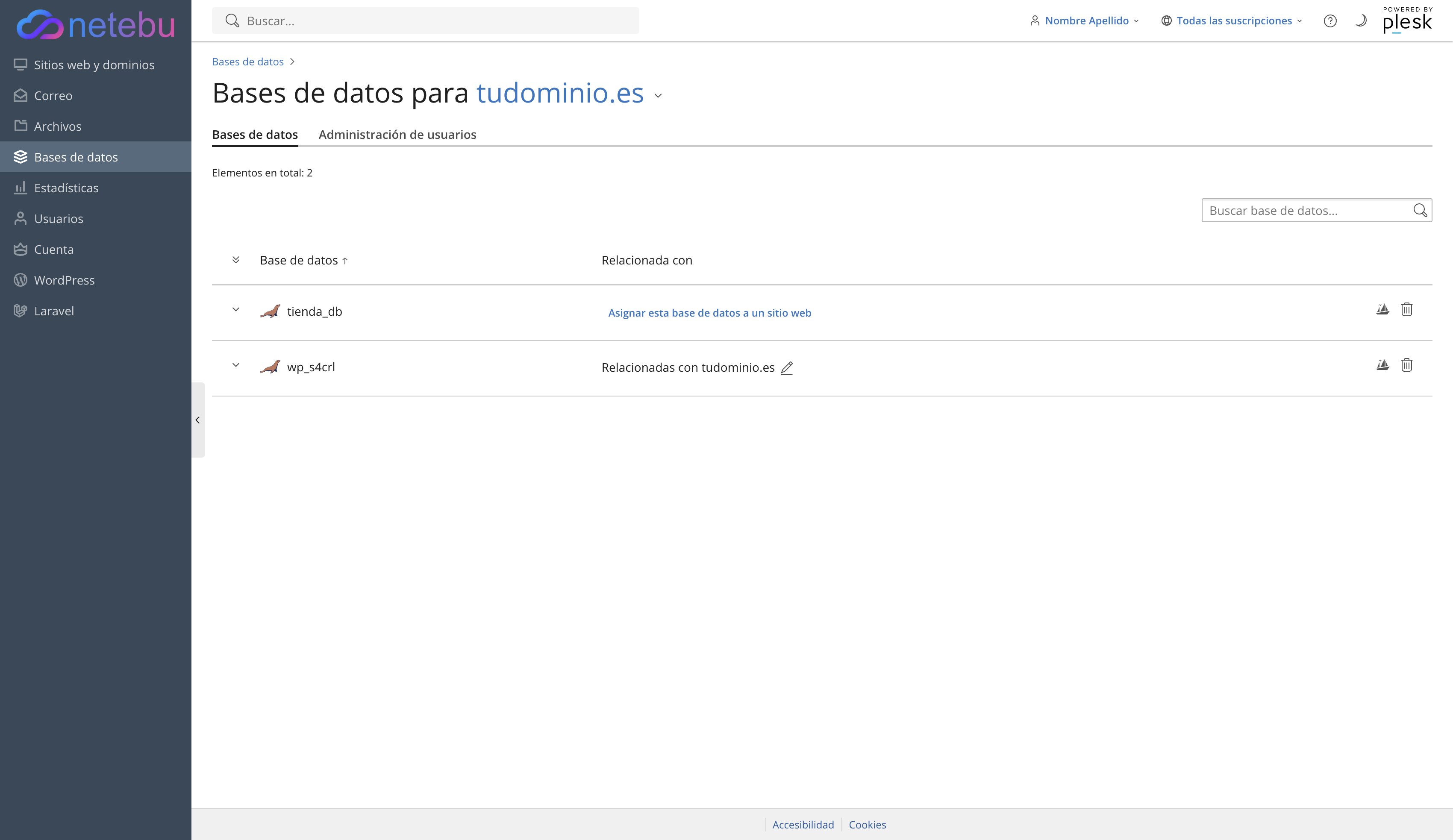 Pantalla Bases de datos de Plesk con la base de datos creada para la tienda