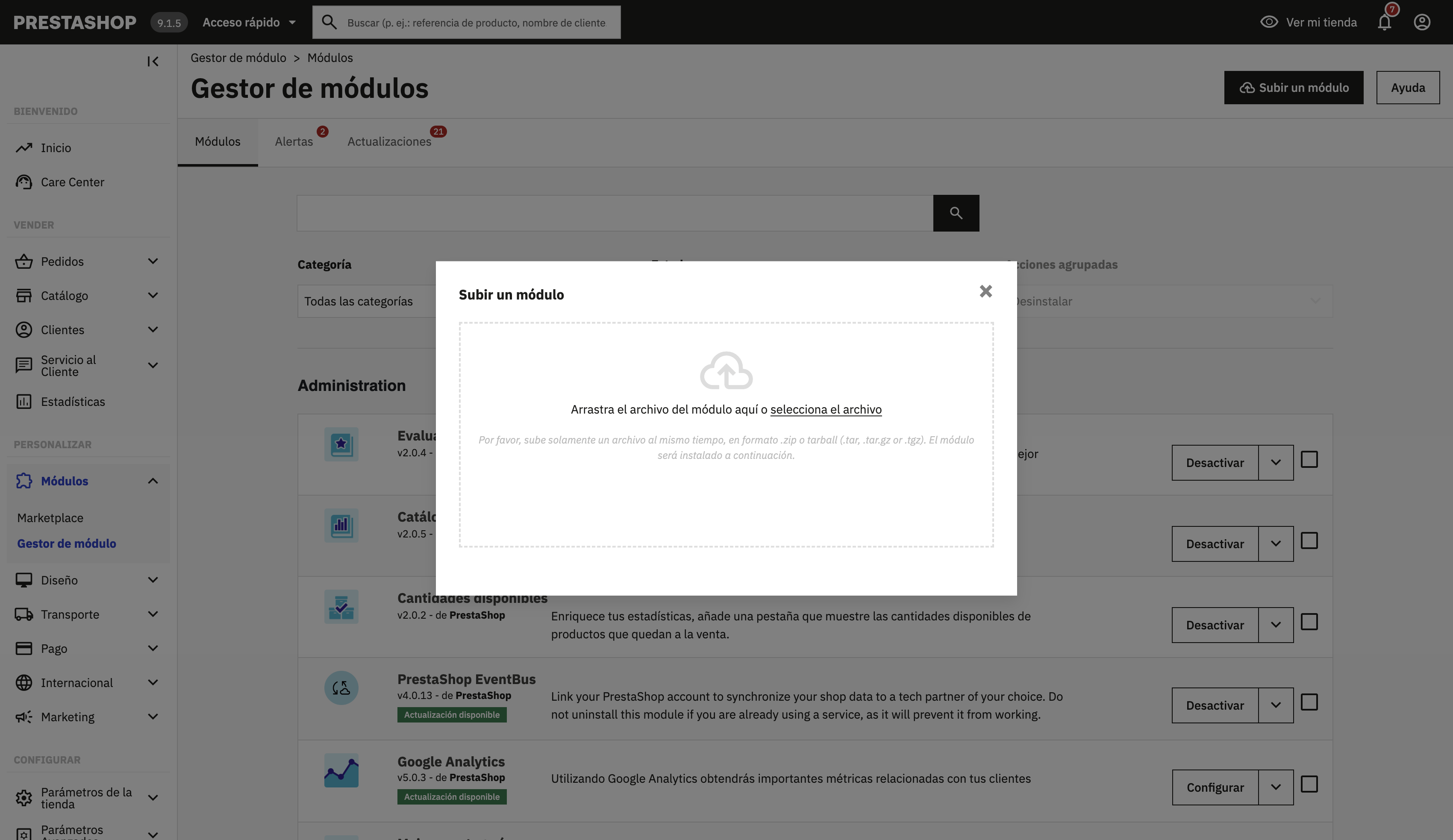 Cuadro Subir un módulo del Gestor de módulos, con la zona para arrastrar el archivo o seleccionarlo
