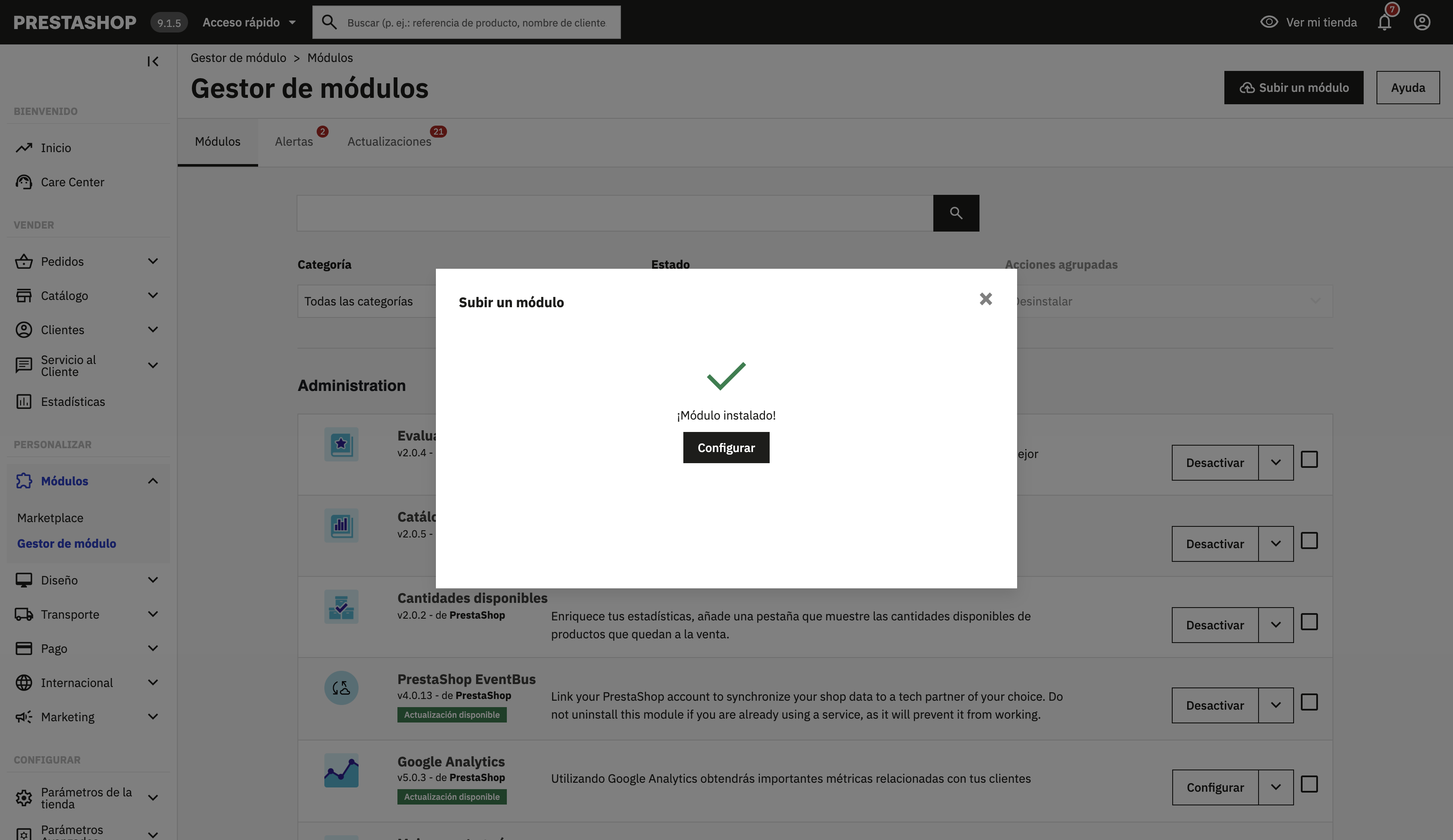 Mensaje Módulo instalado con el botón Configurar