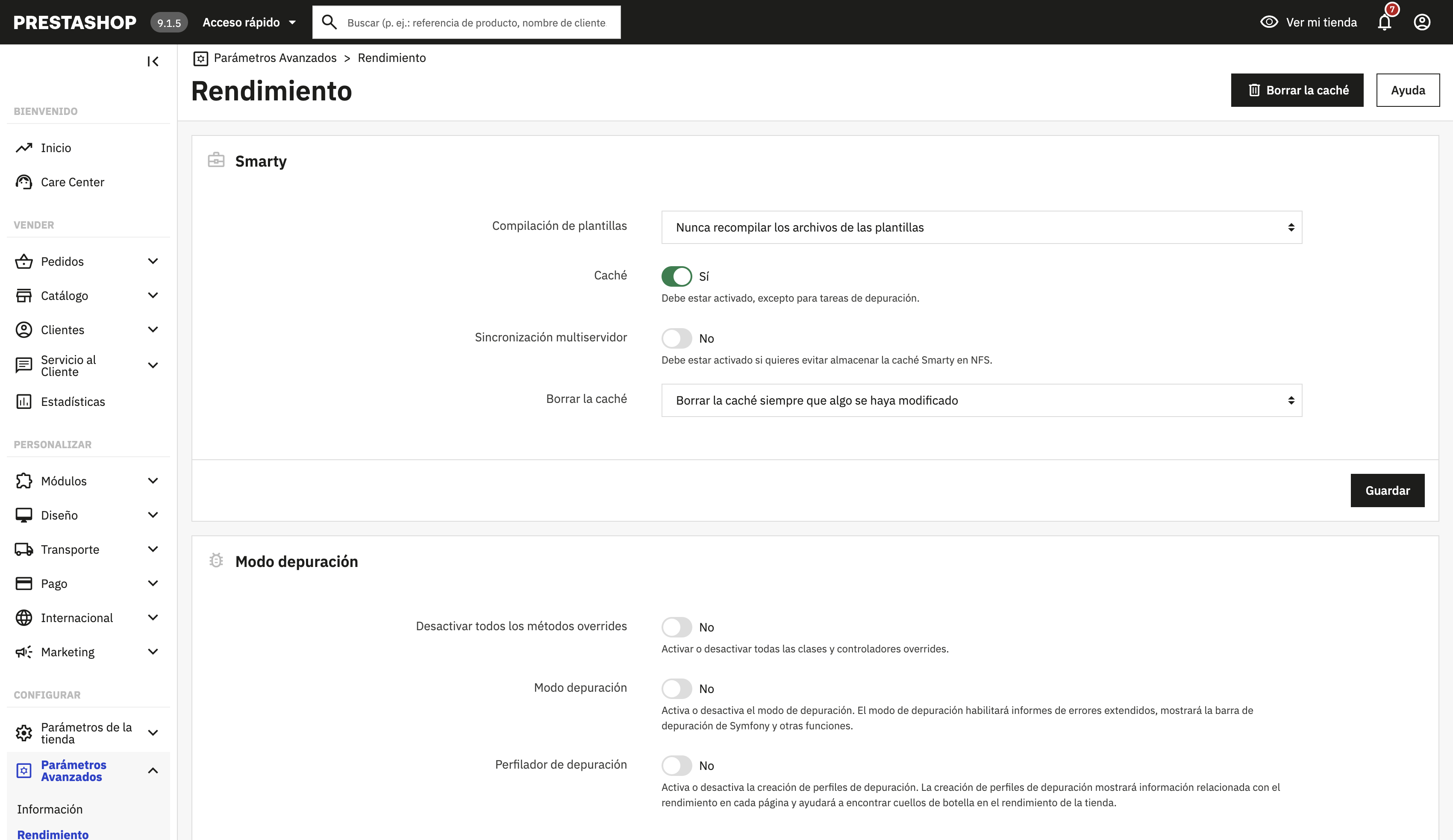 Pantalla Rendimiento de PrestaShop con el botón Borrar la caché y el bloque Modo depuración