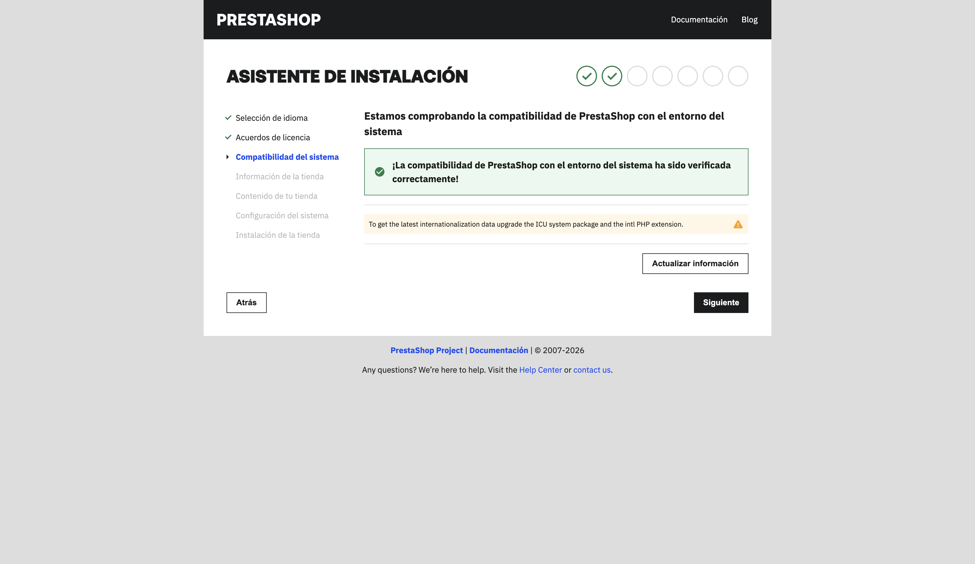 Paso Compatibilidad del sistema con el mensaje en verde de que la compatibilidad ha sido verificada