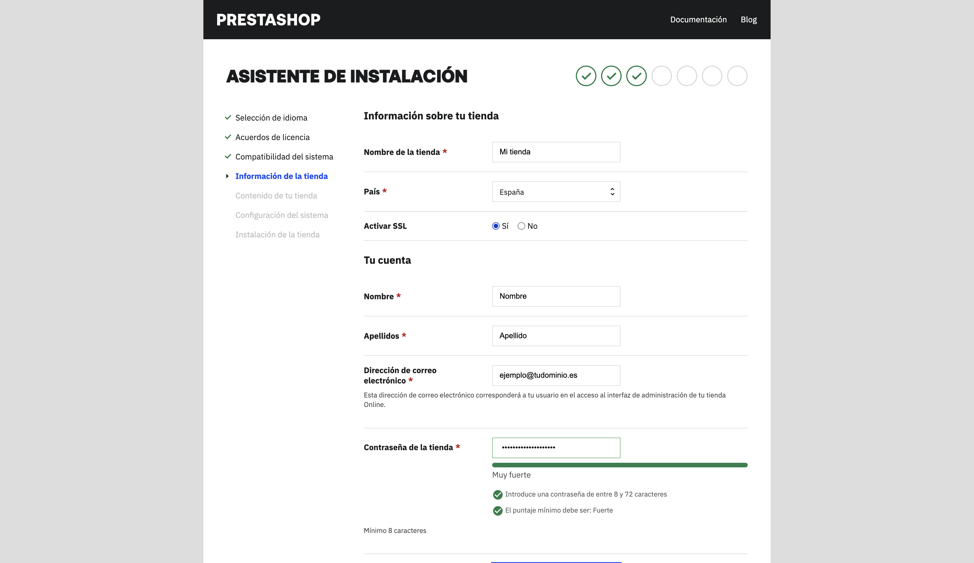 Paso Información sobre tu tienda con el nombre, el país, Activar SSL en Sí y los datos de la cuenta de administrador