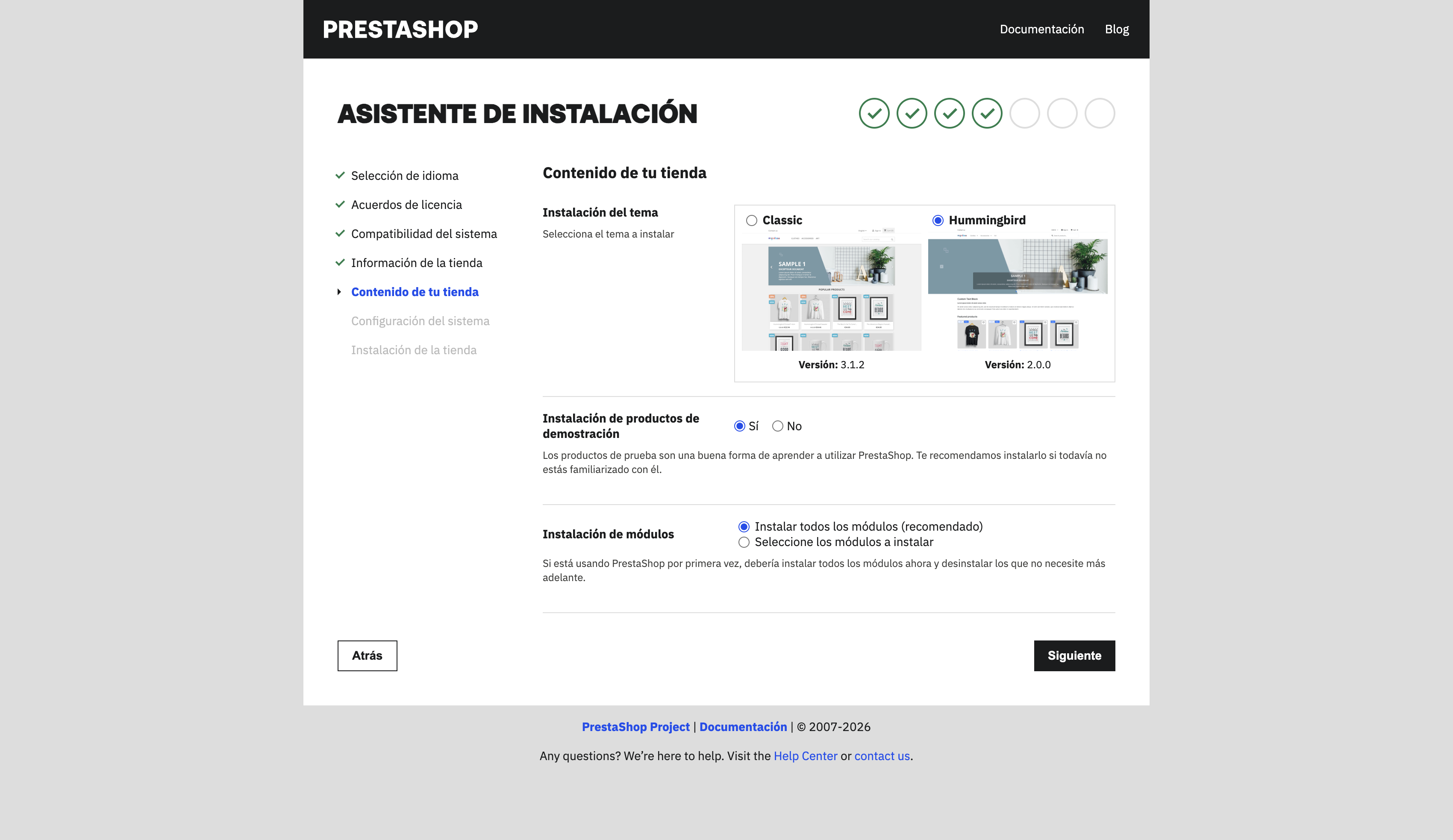 Paso Contenido de tu tienda con la elección de tema, productos de demostración y módulos