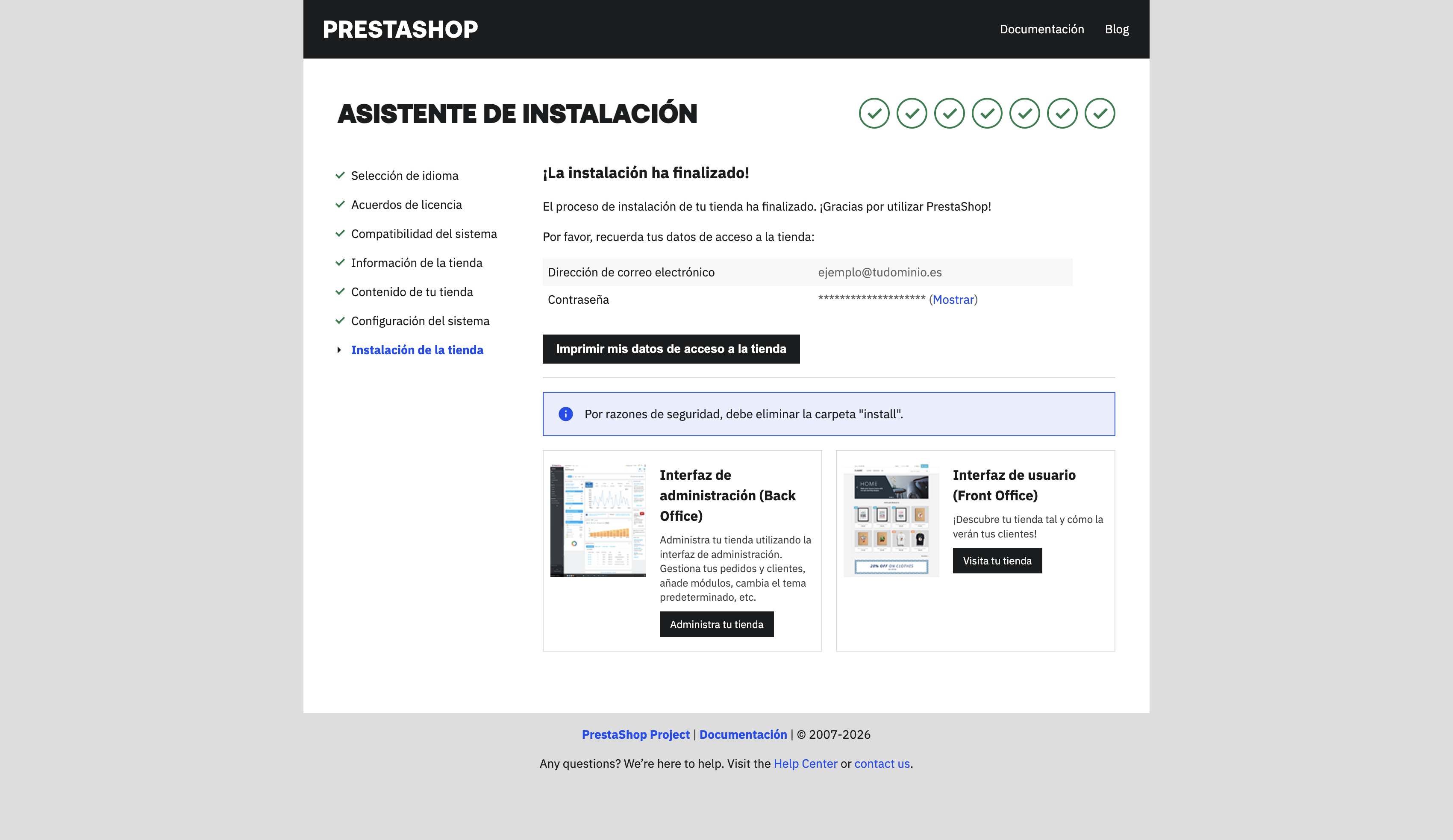 Pantalla final del asistente con los datos de acceso y el aviso de eliminar la carpeta install