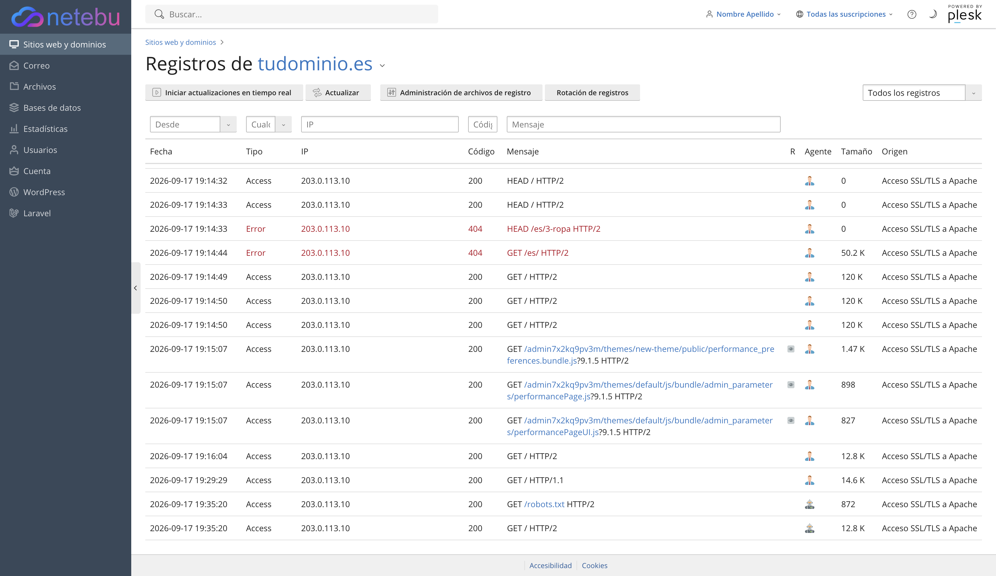 Visor de registros de un dominio, con columnas de fecha, tipo, IP, código HTTP, mensaje, agente, tamaño y origen