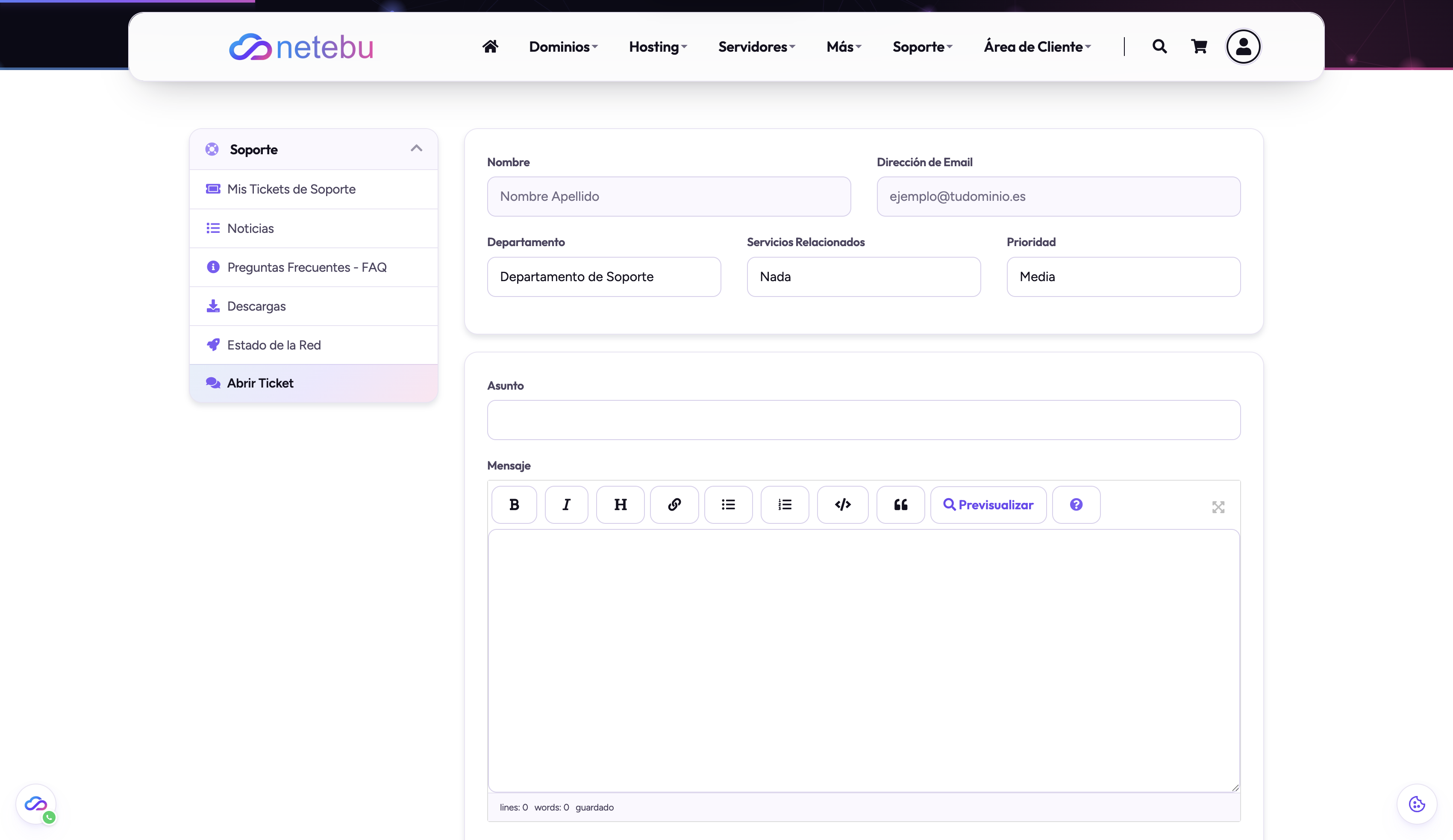 Formulario de ticket con los campos Nombre, Dirección de Email, Departamento, Servicios Relacionados, Prioridad, Asunto y el editor de Mensaje