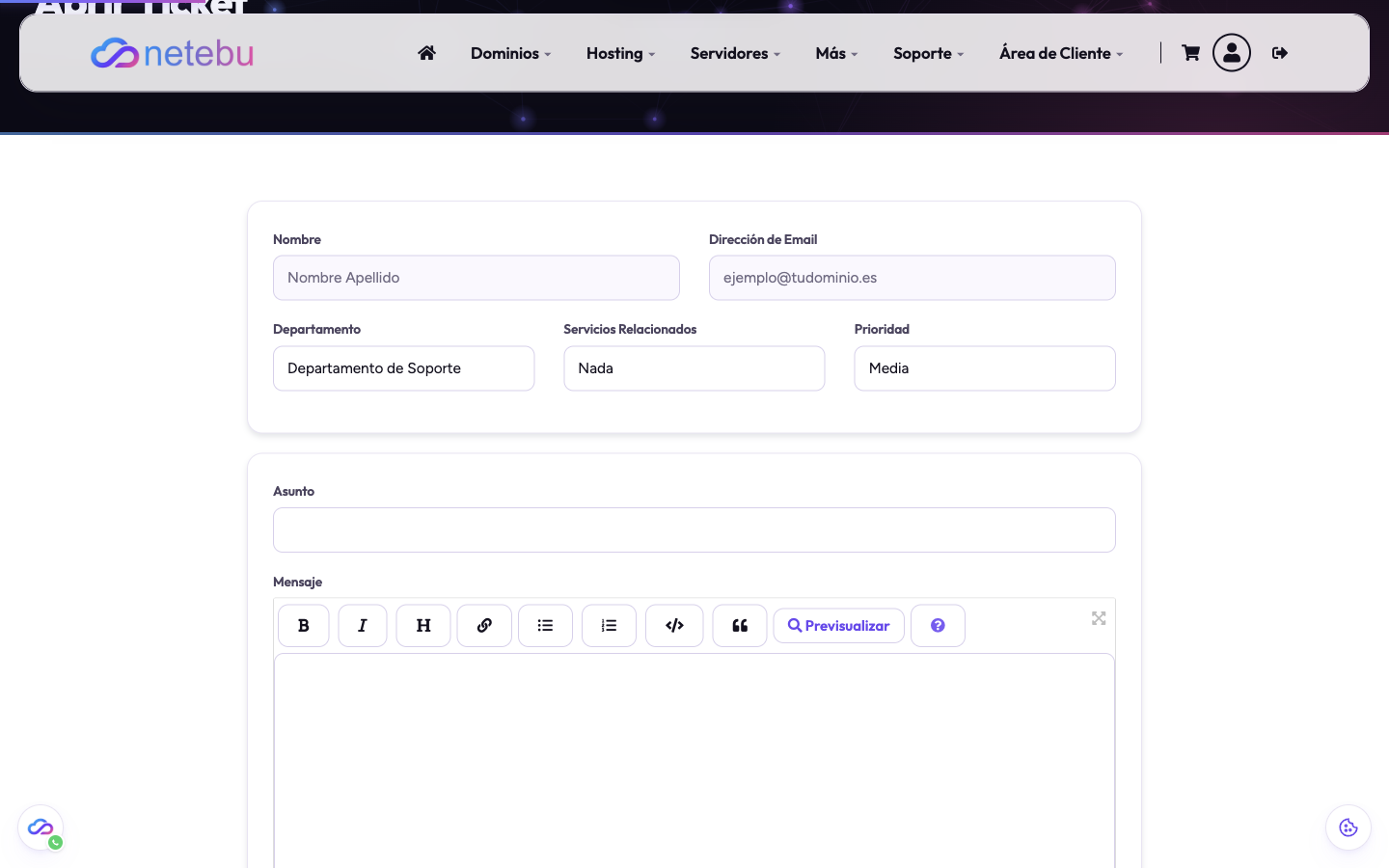 Formulario de ticket con los campos Nombre, Dirección de Email, Departamento, Servicios Relacionados, Prioridad, Asunto y el editor de Mensaje