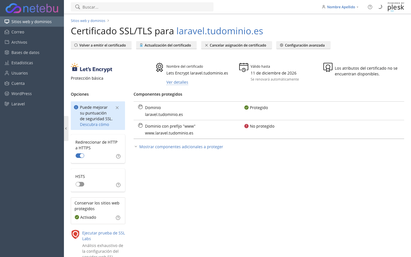 Página del certificado SSL/TLS de un subdominio, con el botón Volver a emitir el certificado y la fecha de caducidad