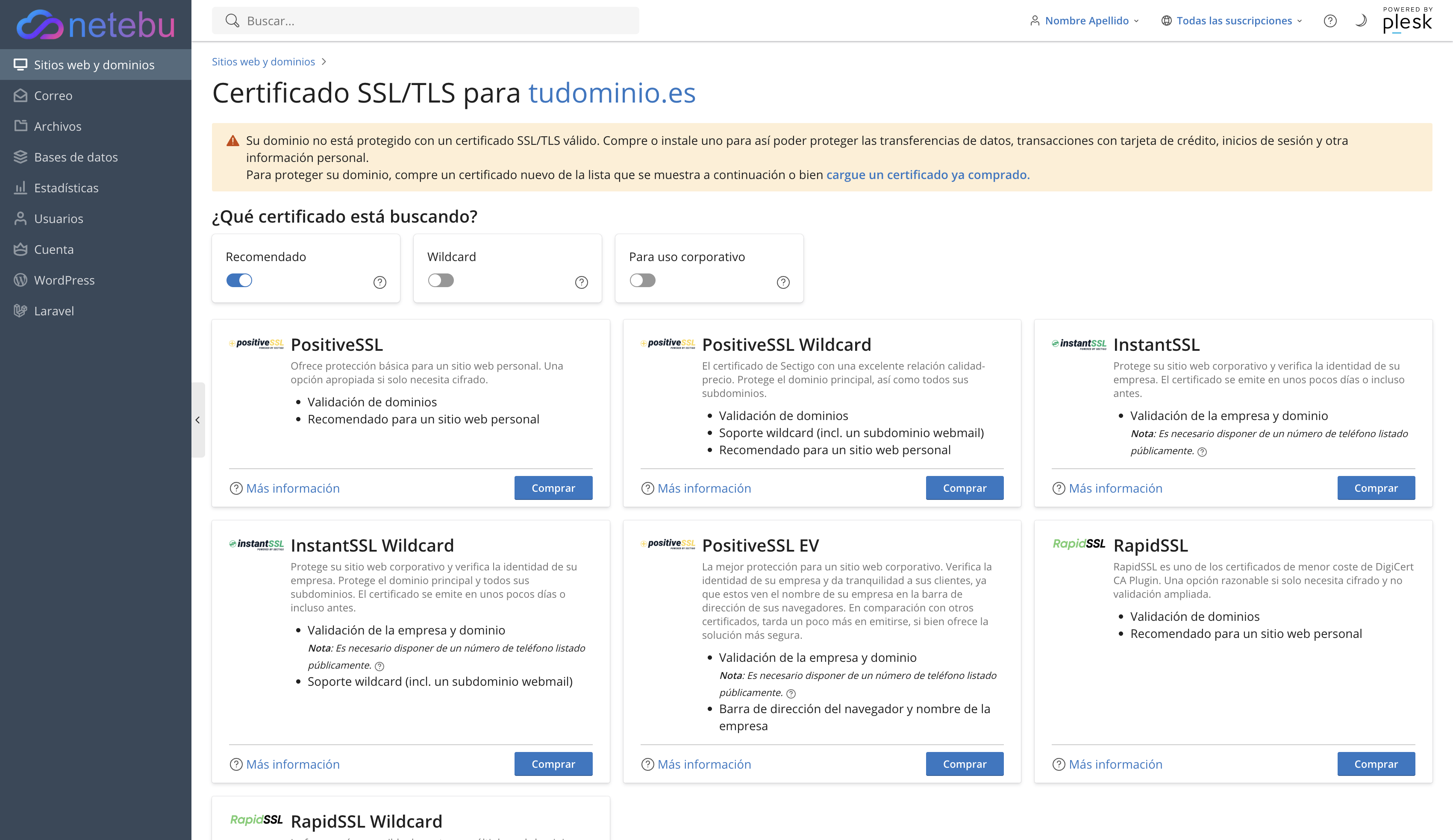 Página de Certificados SSL/TLS de un dominio sin certificado, con el aviso de que no está protegido