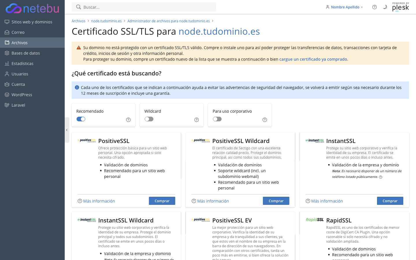 Página de Certificados SSL/TLS de un dominio sin certificado, con el aviso de que no está protegido