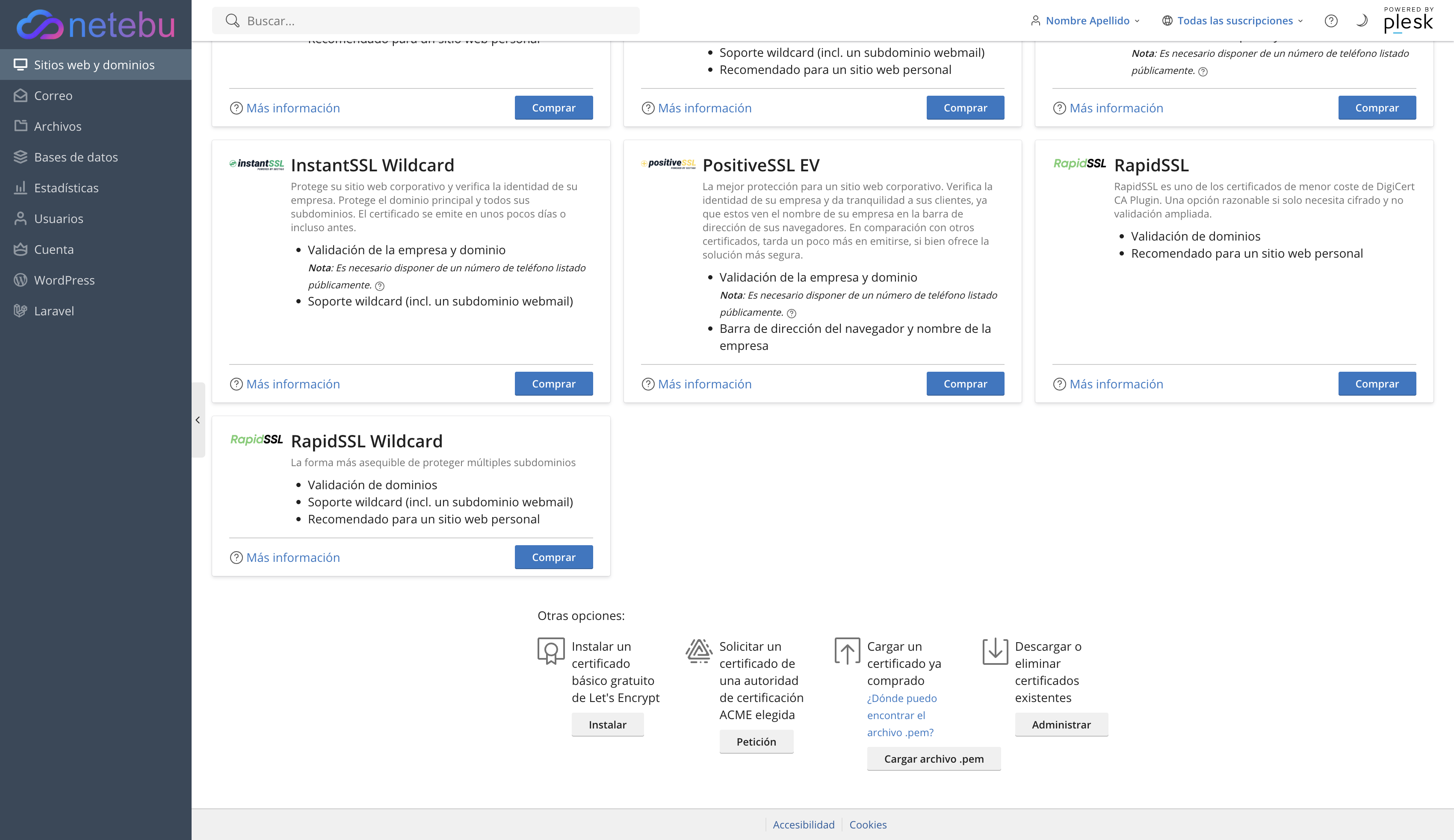Sección Otras opciones de la página de certificados, con el botón Instalar de Let's Encrypt