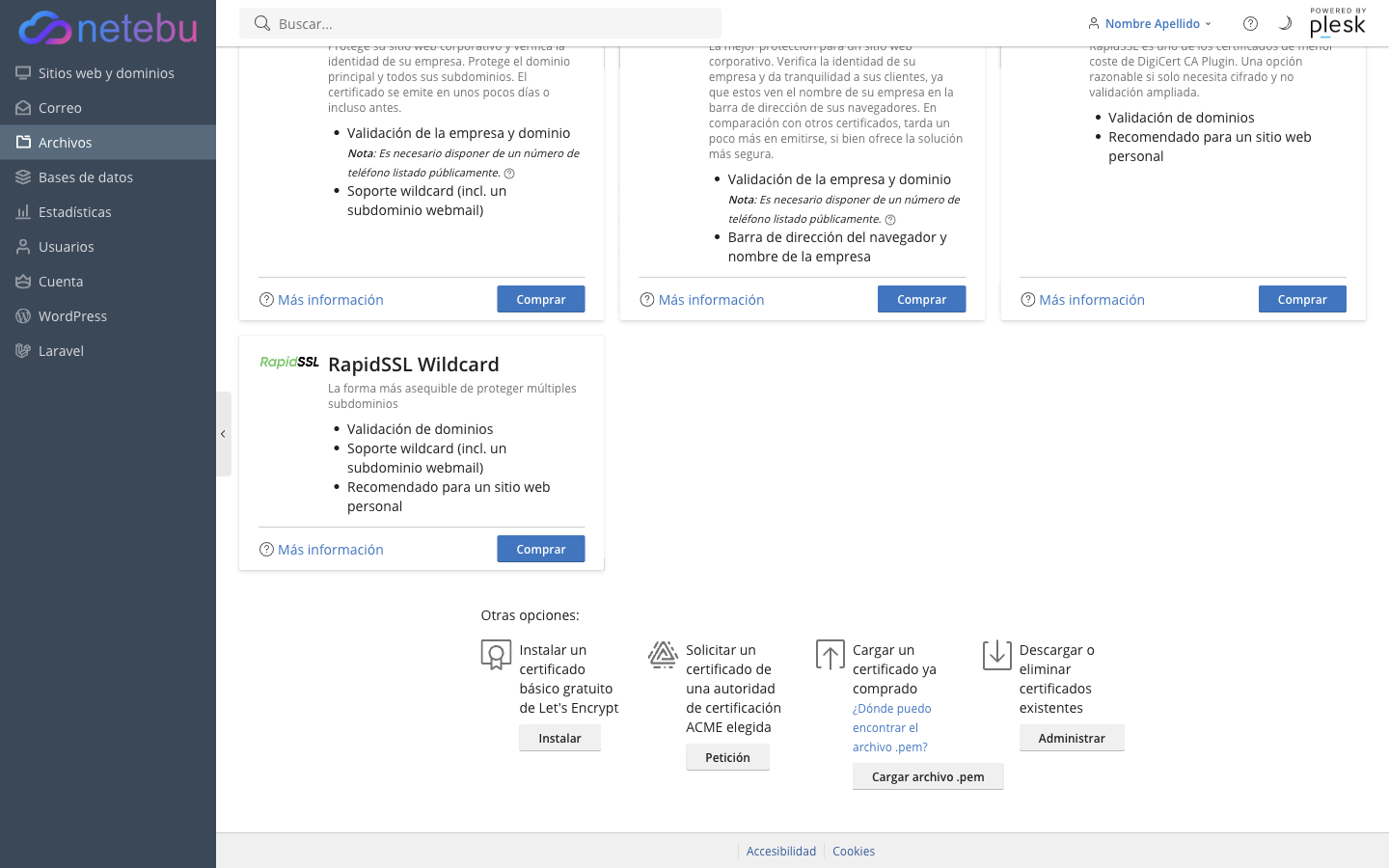 Sección Otras opciones de la página de certificados, con el botón Instalar de Let's Encrypt