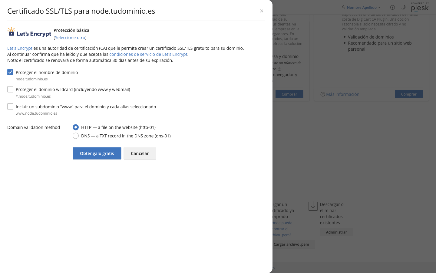 Diálogo de Let's Encrypt con las casillas para proteger el dominio, el wildcard y el subdominio www, y el método de validación HTTP o DNS