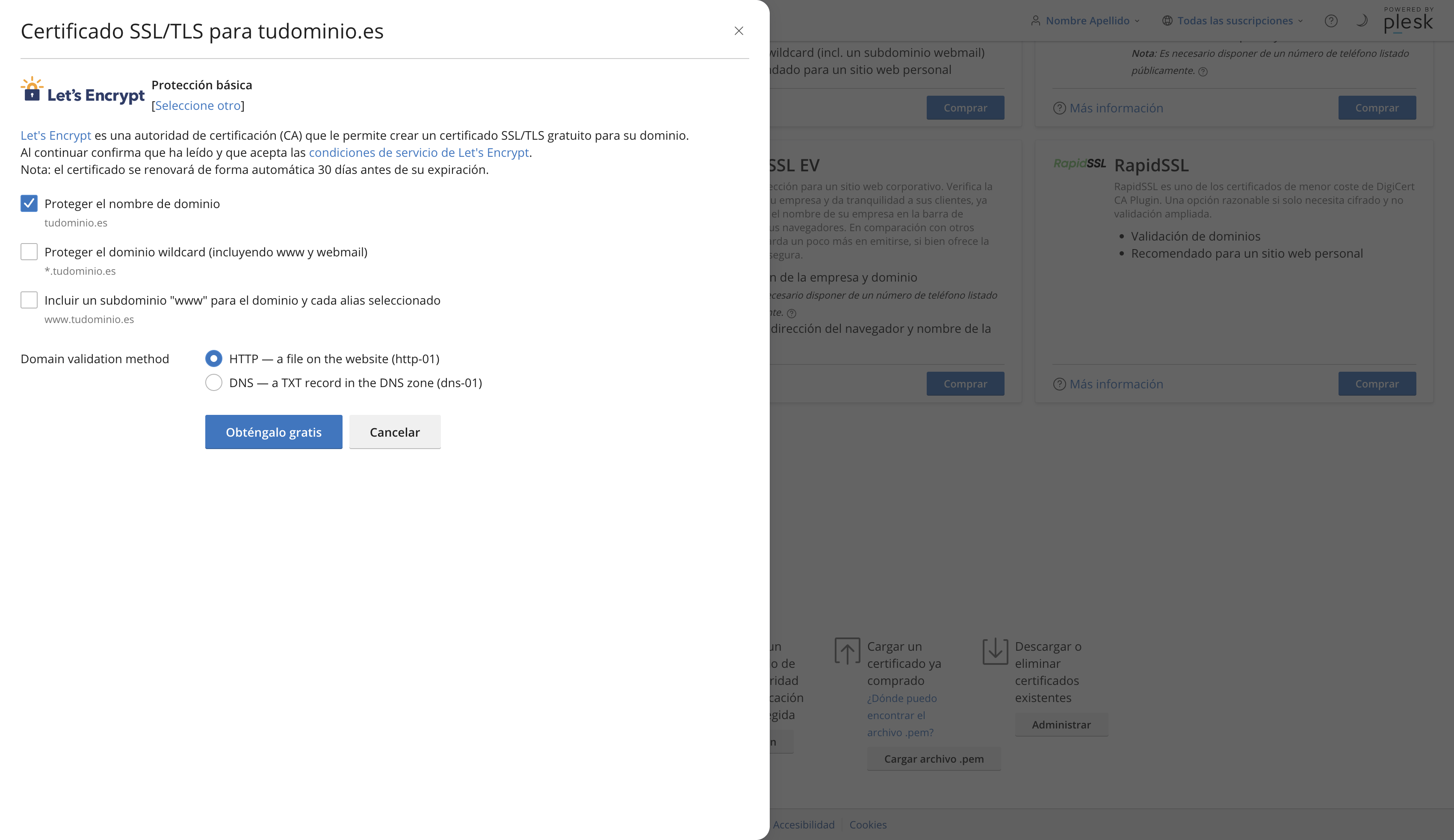 Diálogo de Let's Encrypt con las casillas para proteger el dominio, el wildcard y el subdominio www, y el método de validación HTTP o DNS