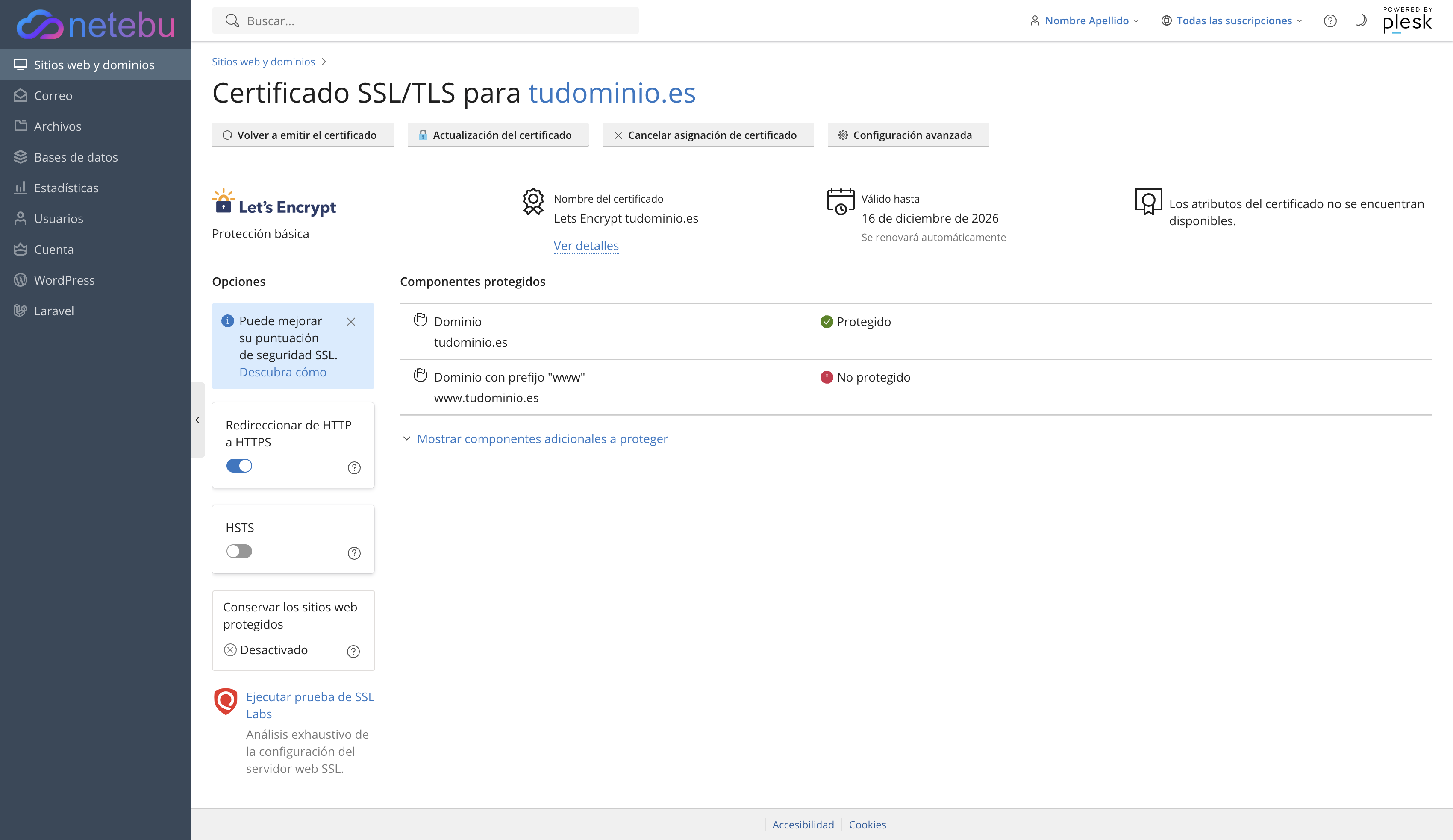 Página del certificado SSL/TLS de un dominio, con el botón Volver a emitir el certificado, la fecha de Válido hasta y el aviso de que se renovará automáticamente