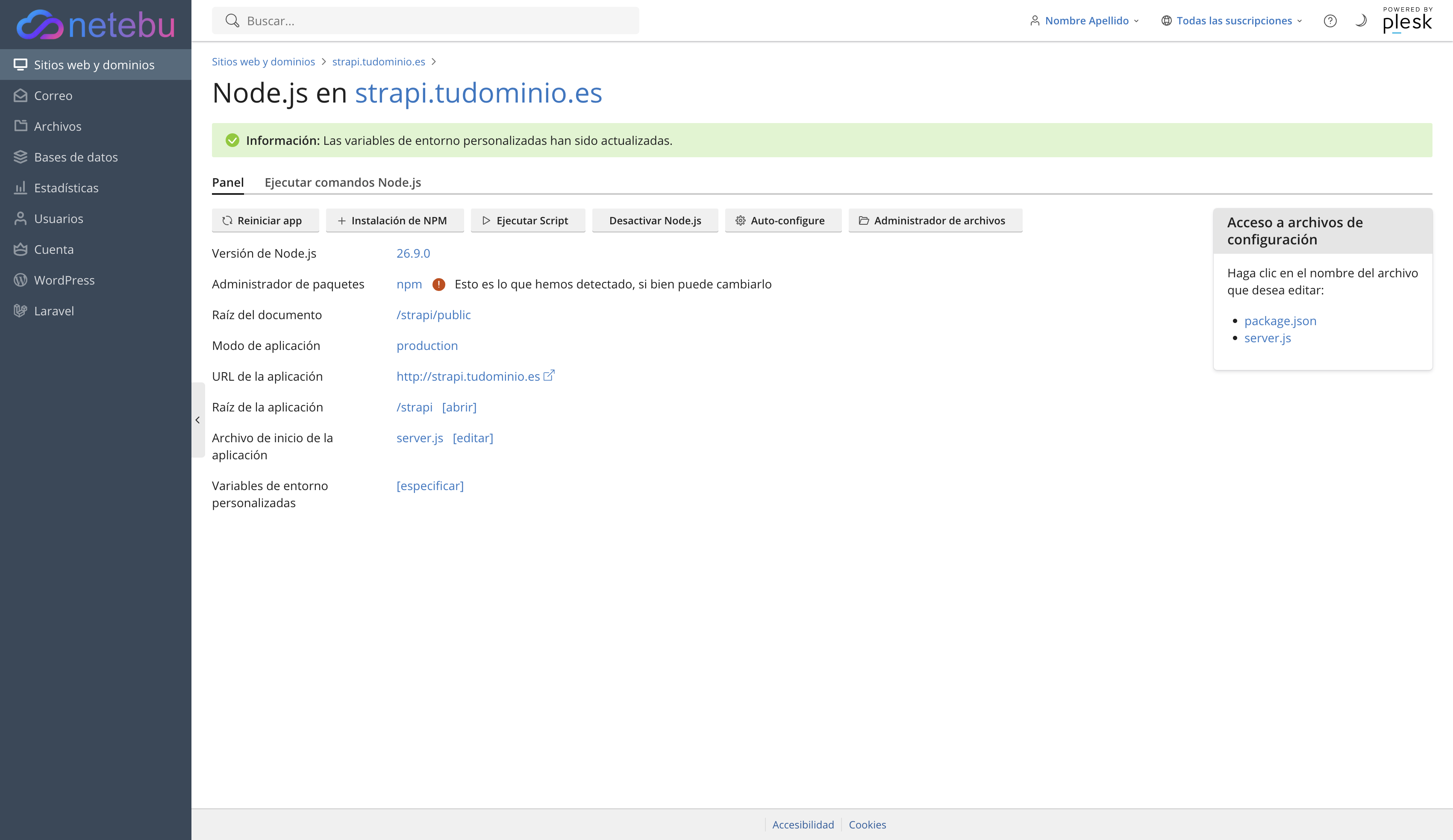 Panel Node.js con la versión 26, la raíz del documento en strapi/public, la raíz de la aplicación en strapi y el archivo de inicio server.js
