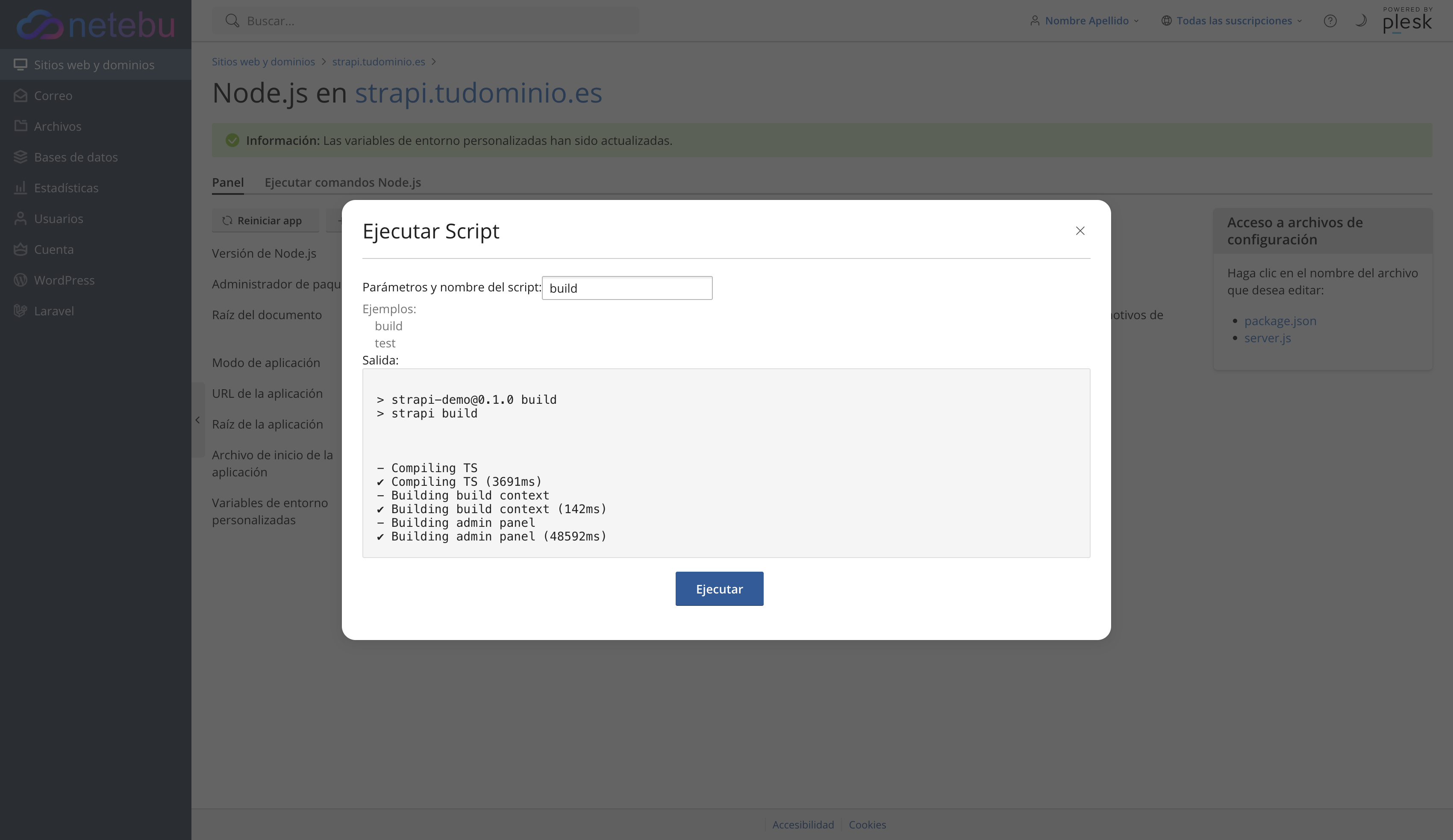 Diálogo Ejecutar Script con el build de Strapi terminado: Compiling TS, Building build context y Building admin panel
