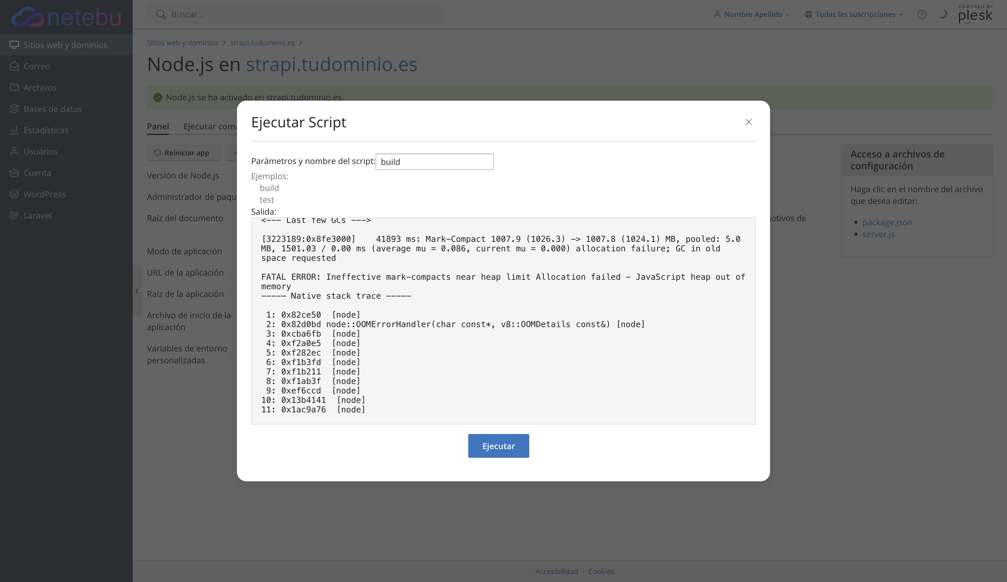 Diálogo Ejecutar Script con el build de Strapi interrumpido por el error JavaScript heap out of memory