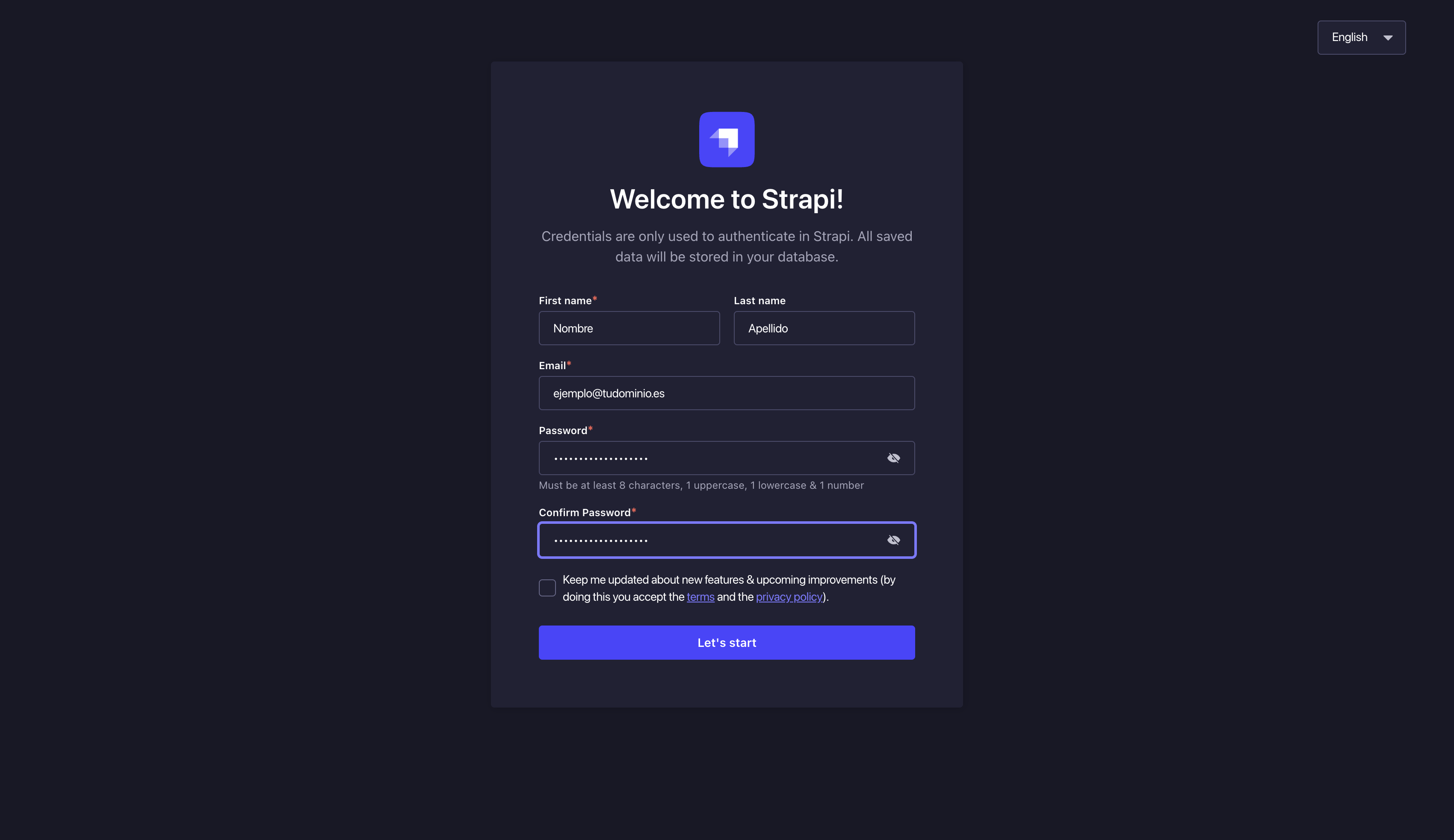 Pantalla Welcome to Strapi con el formulario del primer administrador rellenado