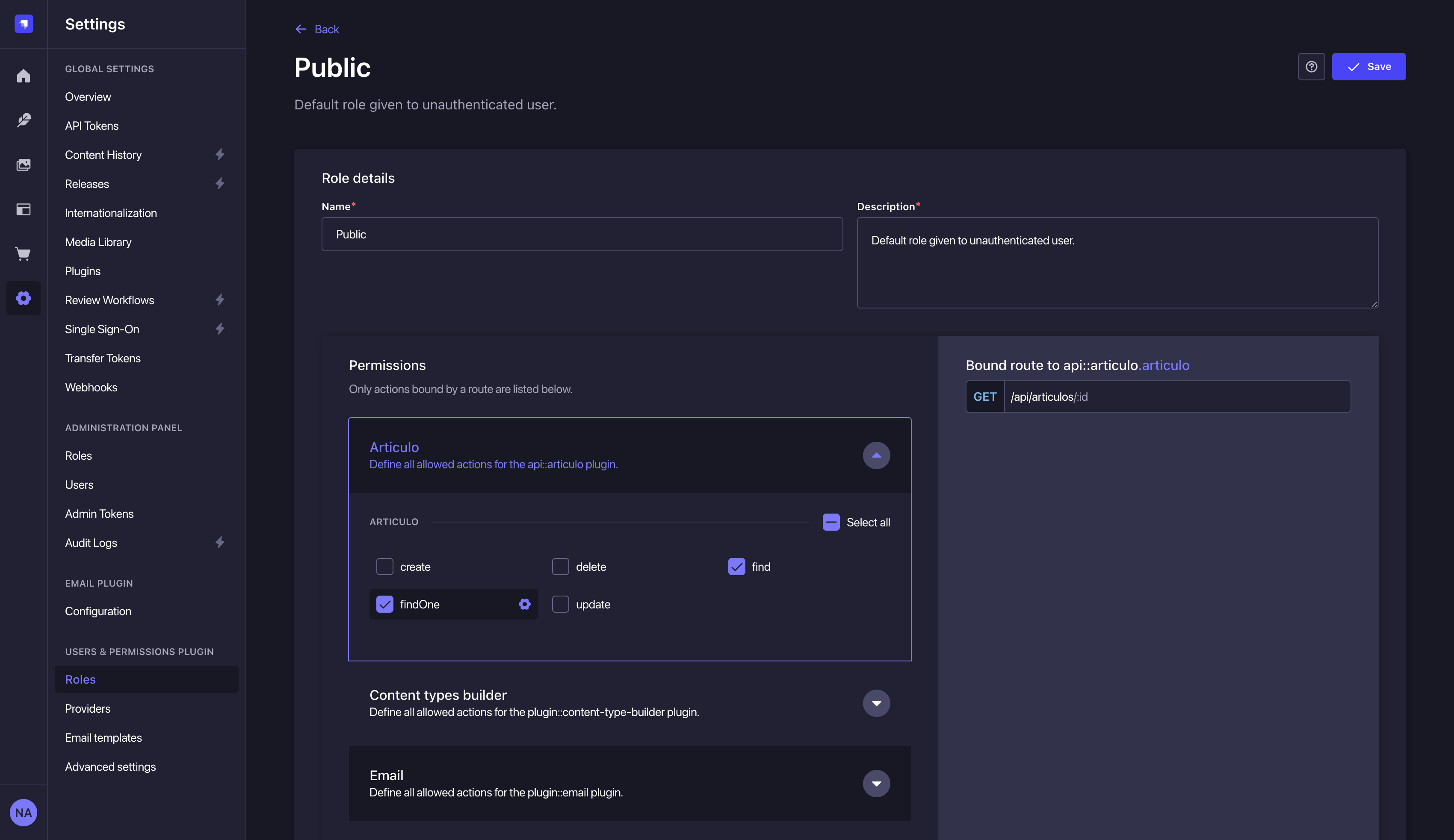Rol Public con los permisos find y findOne de Articulo marcados y la ruta GET /api/articulos