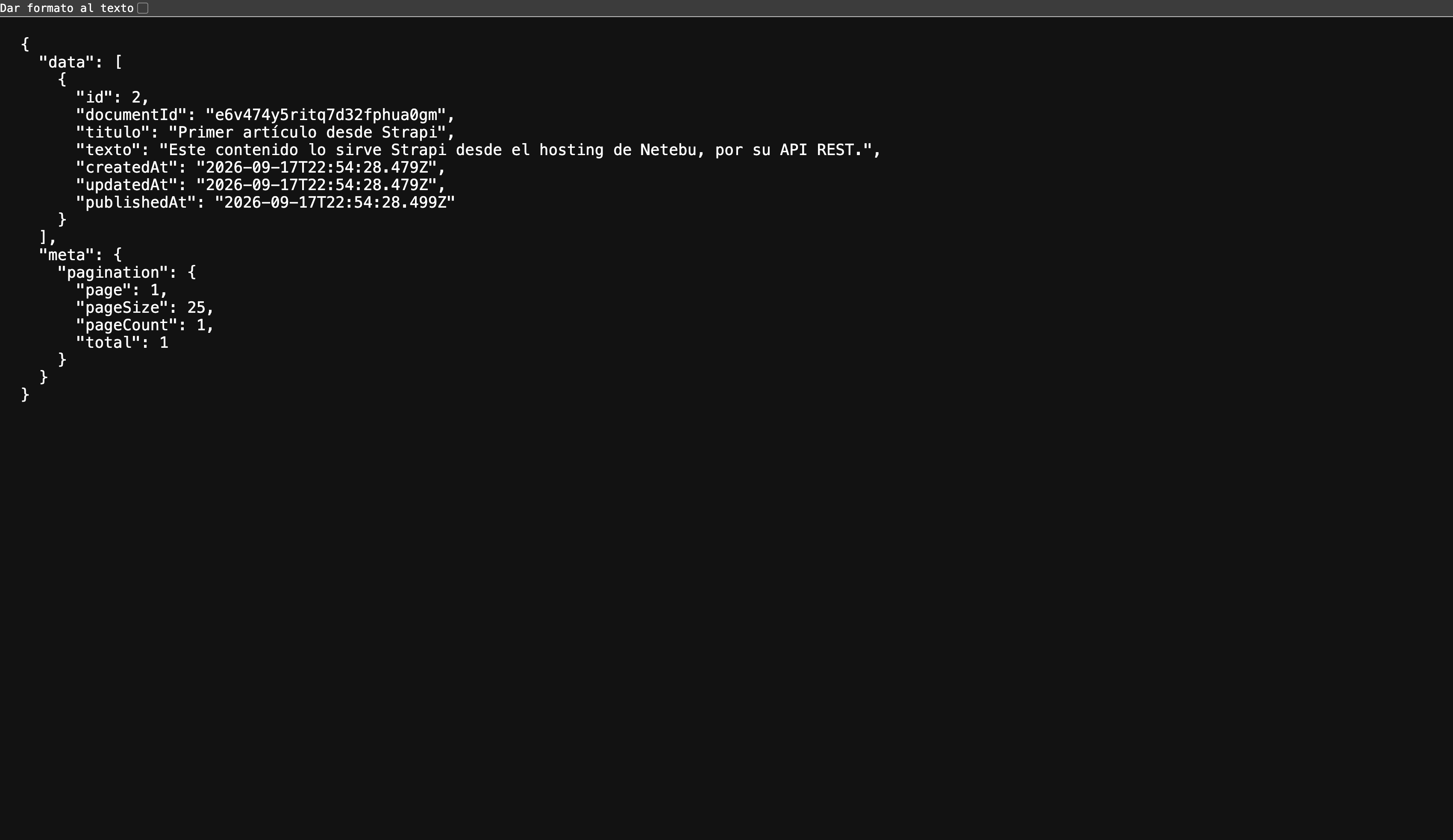 Respuesta JSON de la API de Strapi con un artículo publicado y su paginación