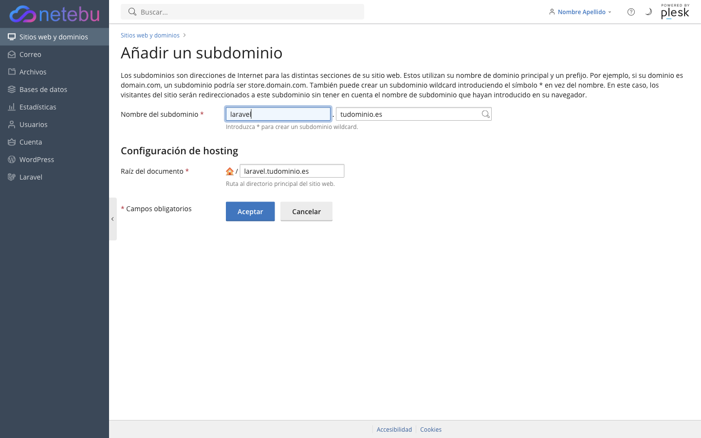 Formulario Añadir un subdominio con el nombre "laravel" escrito, el dominio "tudominio.es" y la raíz del documento autogenerada "laravel.tudominio.es"