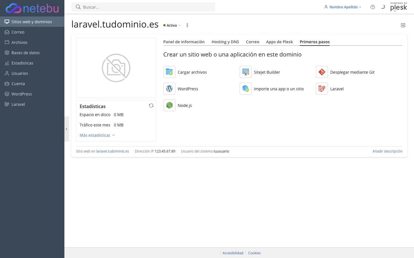 Pestaña Primeros pasos con los siete iconos: Cargar archivos, Sitejet Builder, Desplegar mediante Git, WordPress, Importar una app o un sitio, Laravel y Node.js