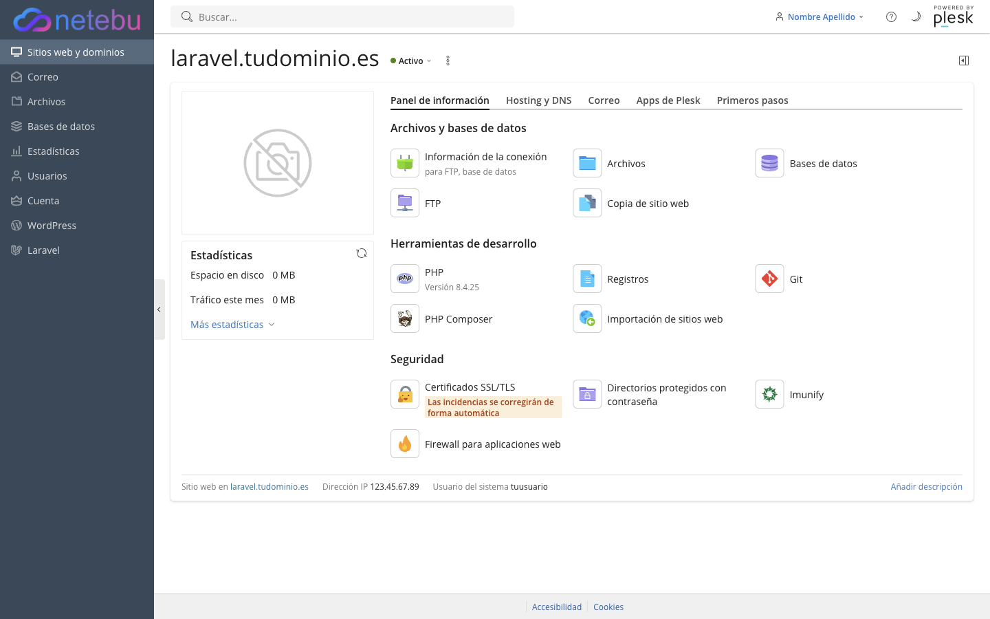 Panel de información de un subdominio, con los bloques Archivos y bases de datos, Herramientas de desarrollo y Seguridad, y el usuario del sistema al pie