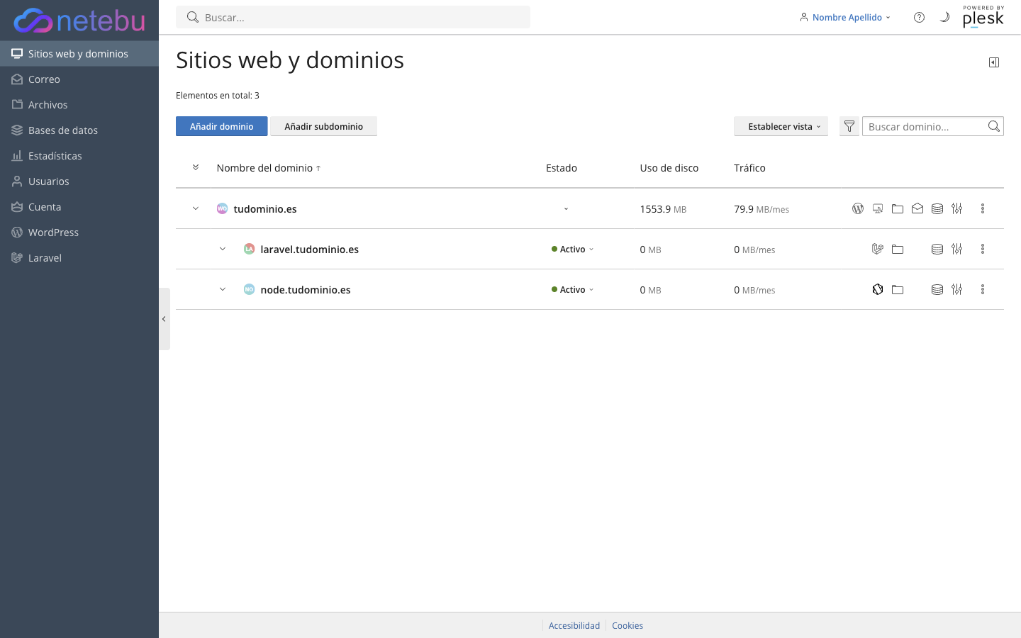 Lista de Sitios web y dominios con tudominio.es y dos subdominios, laravel.tudominio.es y node.tudominio.es, ambos en estado Activo