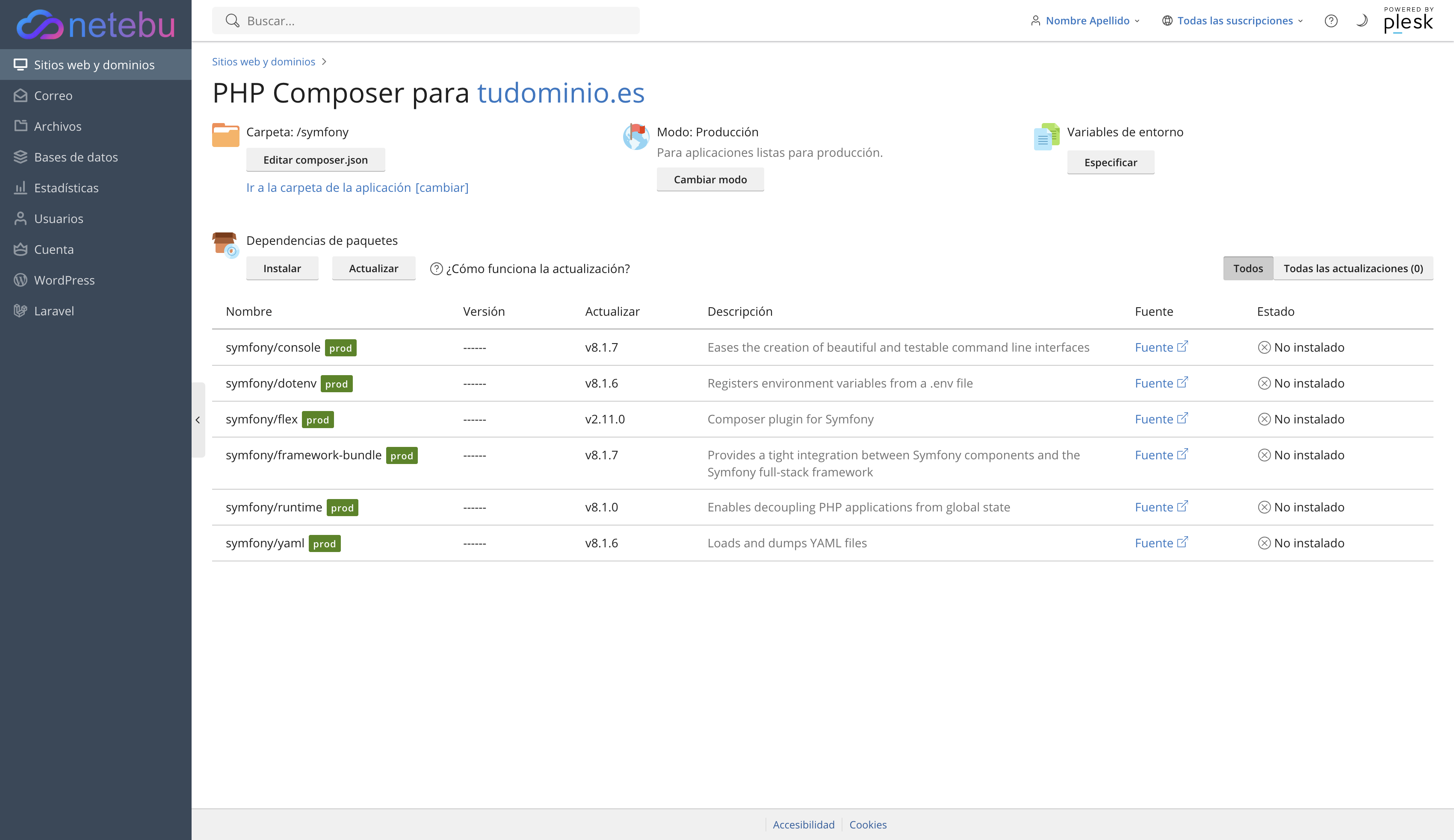 Pantalla PHP Composer del subdominio con la carpeta /symfony, el modo Producción y las dependencias de Symfony en estado No instalado