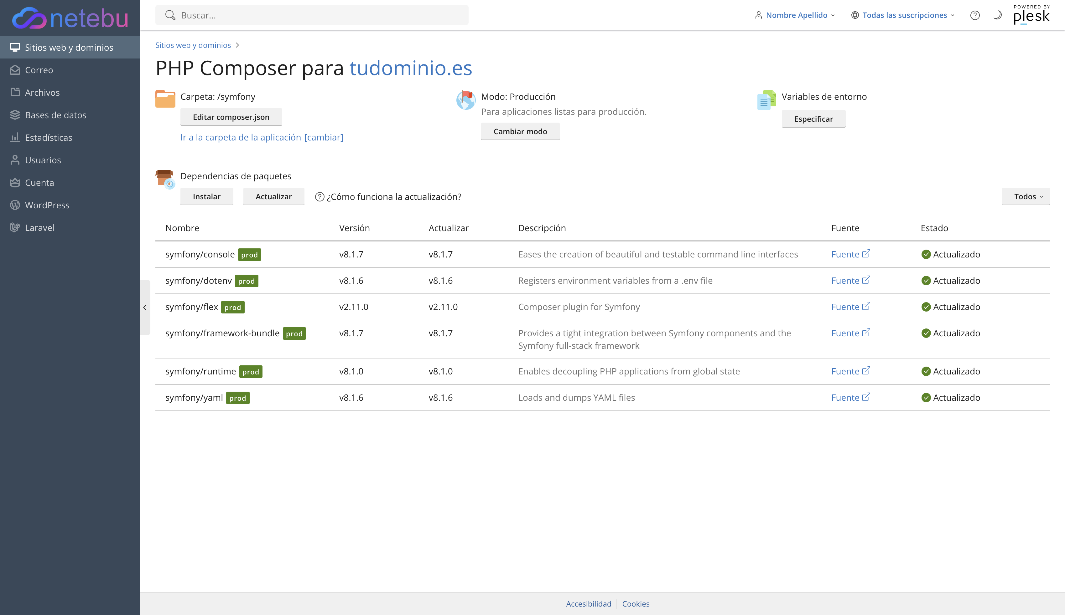 PHP Composer con las seis dependencias de Symfony instaladas, todas en estado Actualizado y con su versión