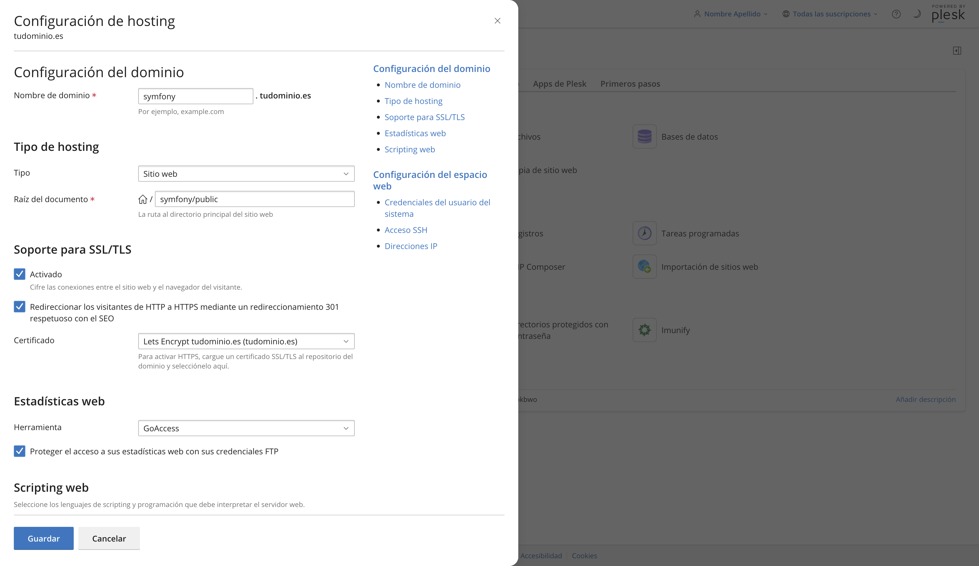 Configuración de hosting del subdominio con la Raíz del documento en symfony/public y el certificado Let's Encrypt seleccionado