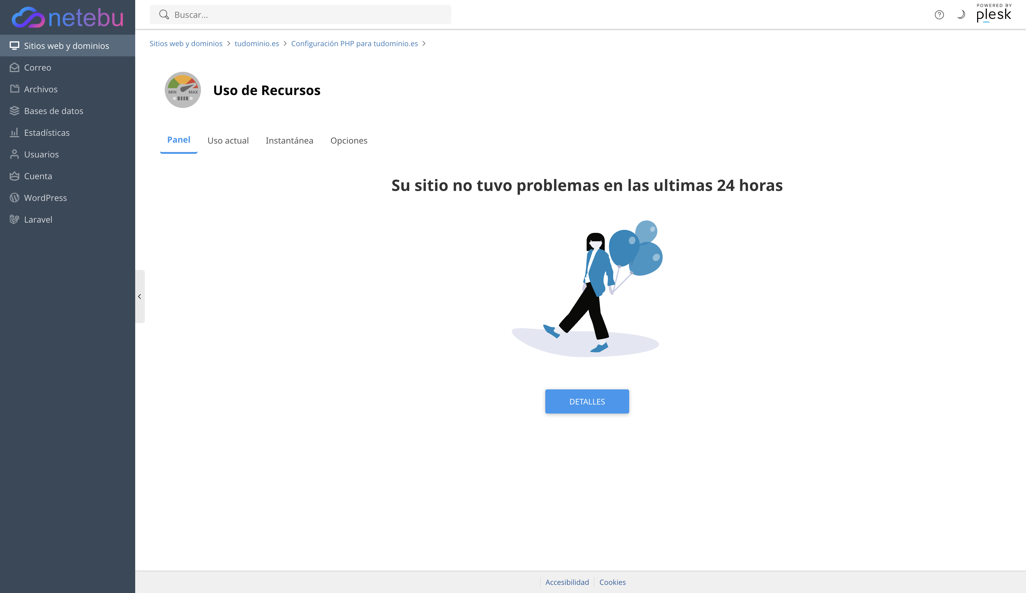 Panel de Uso de Recursos de CloudLinux en Plesk con el resumen de las últimas 24 horas