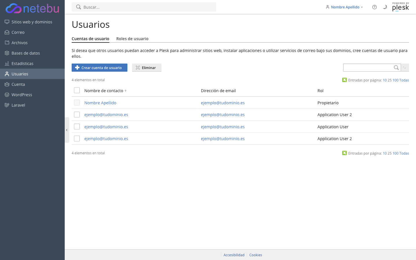 Lista de cuentas de usuario en Plesk, con el propietario y tres cuentas Application User, y el botón Crear cuenta de usuario