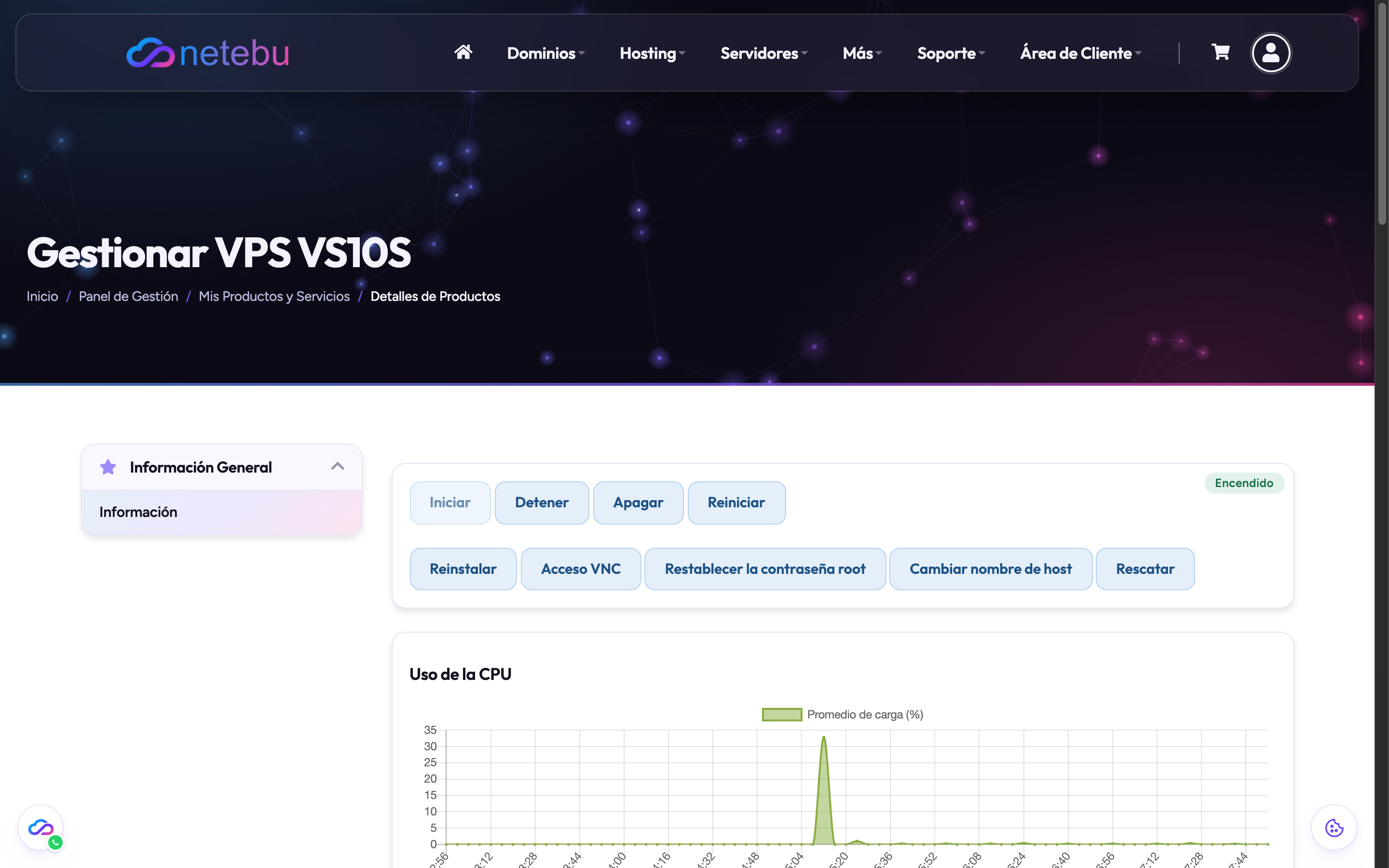 Página Gestionar VPS VS10S con la etiqueta Encendido, los botones Iniciar, Detener, Apagar y Reiniciar, y debajo Reinstalar, Acceso VNC, Restablecer la contraseña root, Cambiar nombre de host y Rescatar, seguidos de la gráfica de uso de la CPU