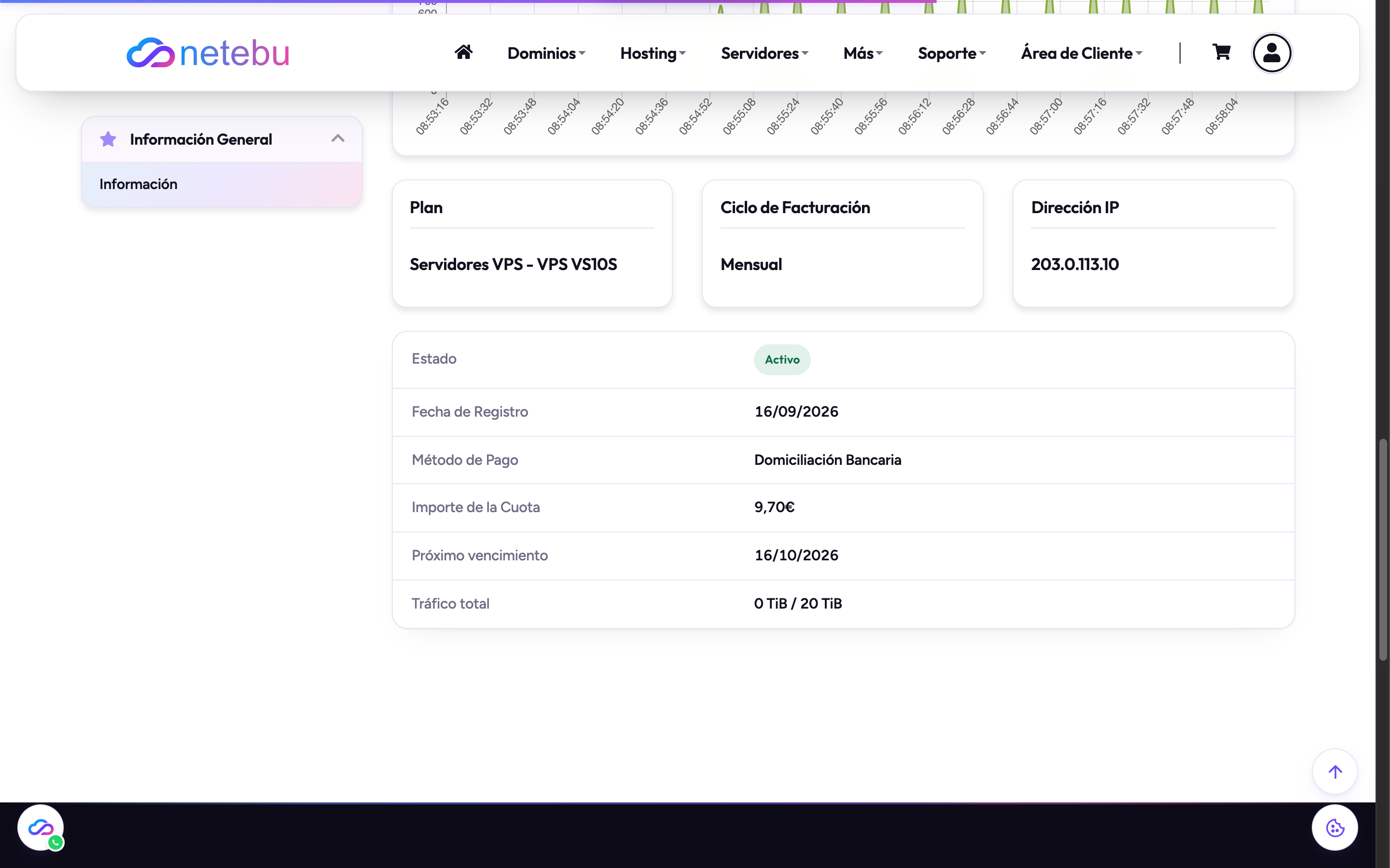 Tarjetas con el plan Servidores VPS VS10S, ciclo Mensual y dirección IP 203.0.113.10, y la tabla con estado Activo, fecha de registro, método de pago, importe de la cuota, próximo vencimiento y tráfico total 0 TiB de 20 TiB