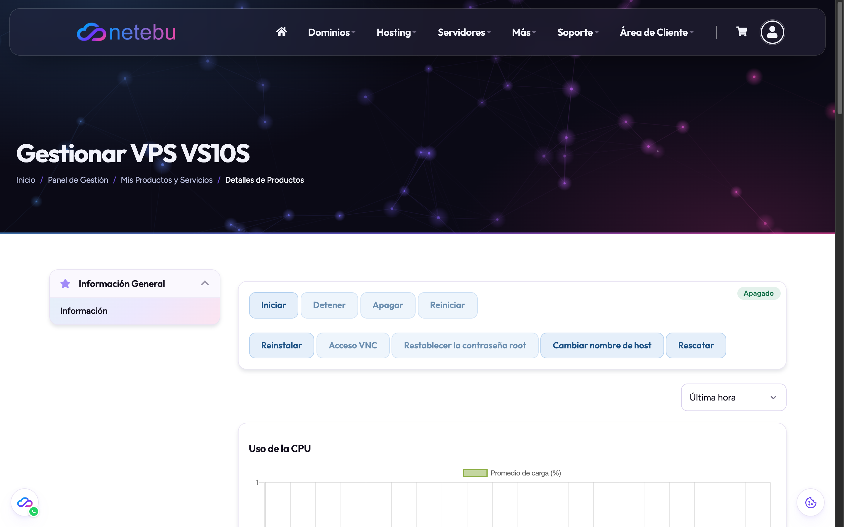 Página de gestión del VPS con la etiqueta Apagado y el botón Iniciar activo, y los demás botones de energía deshabilitados