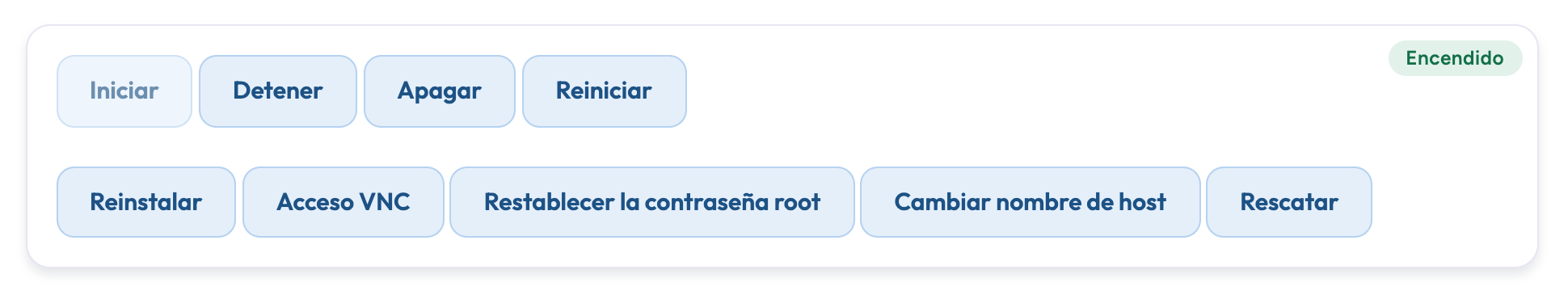 Recuadro de botones del VPS, con Restablecer la contraseña root y Cambiar nombre de host en la segunda fila