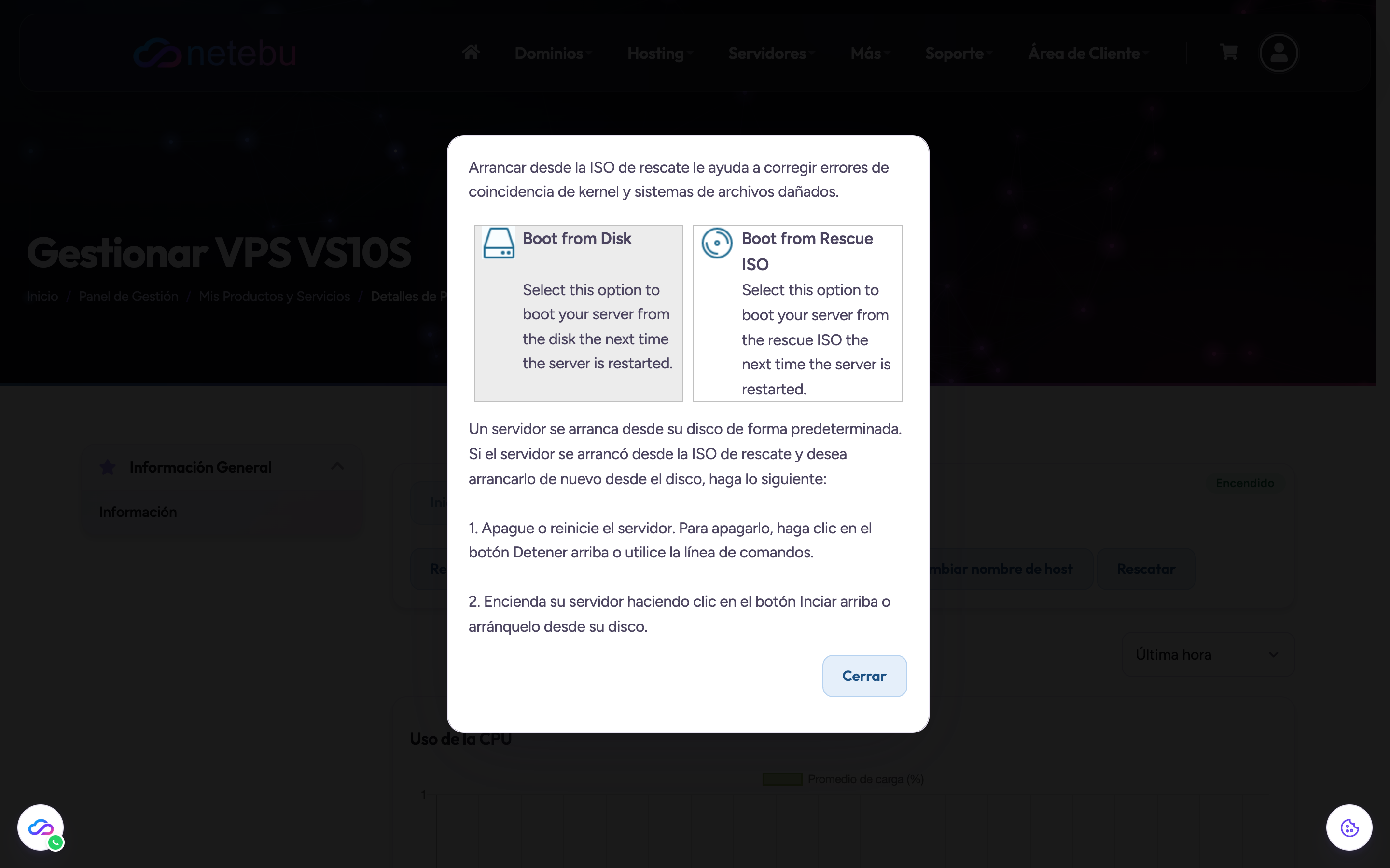 Diálogo de rescate con las dos tarjetas Boot from Disk y Boot from Rescue ISO, el texto que explica que el servidor arranca desde su disco de forma predeterminada y los pasos para volver a él