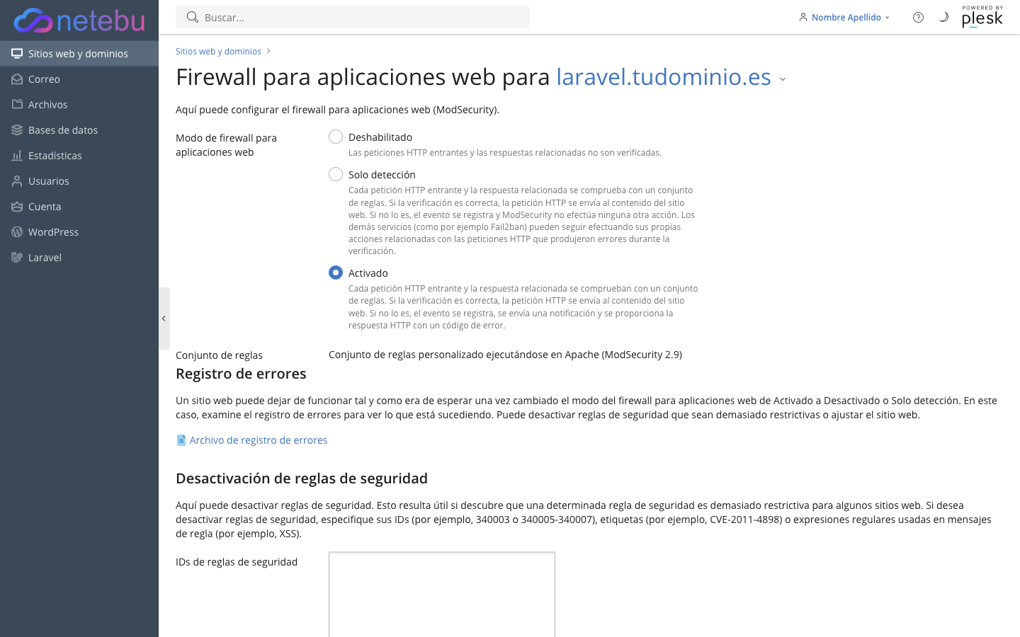 Página del firewall para aplicaciones web con los tres modos: Deshabilitado, Solo detección y Activado