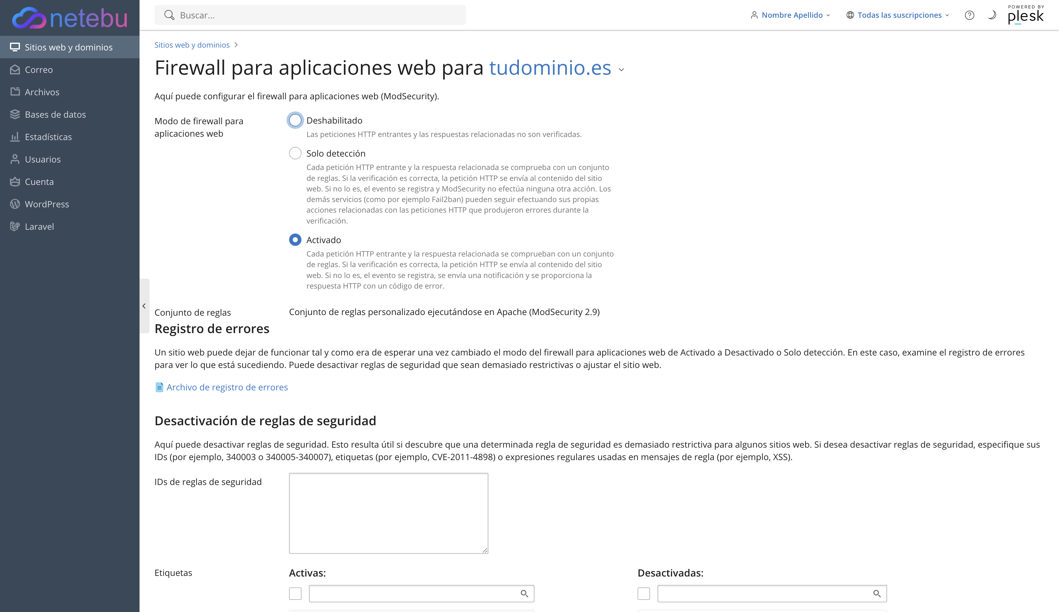 Página del firewall para aplicaciones web con los tres modos: Deshabilitado, Solo detección y Activado