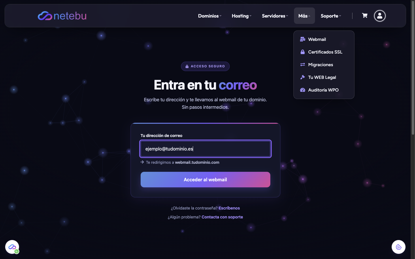 Página Entra en tu correo de netebu.com, con el menú Más desplegado mostrando la opción Webmail y el formulario Tu dirección de correo con el botón Acceder al webmail