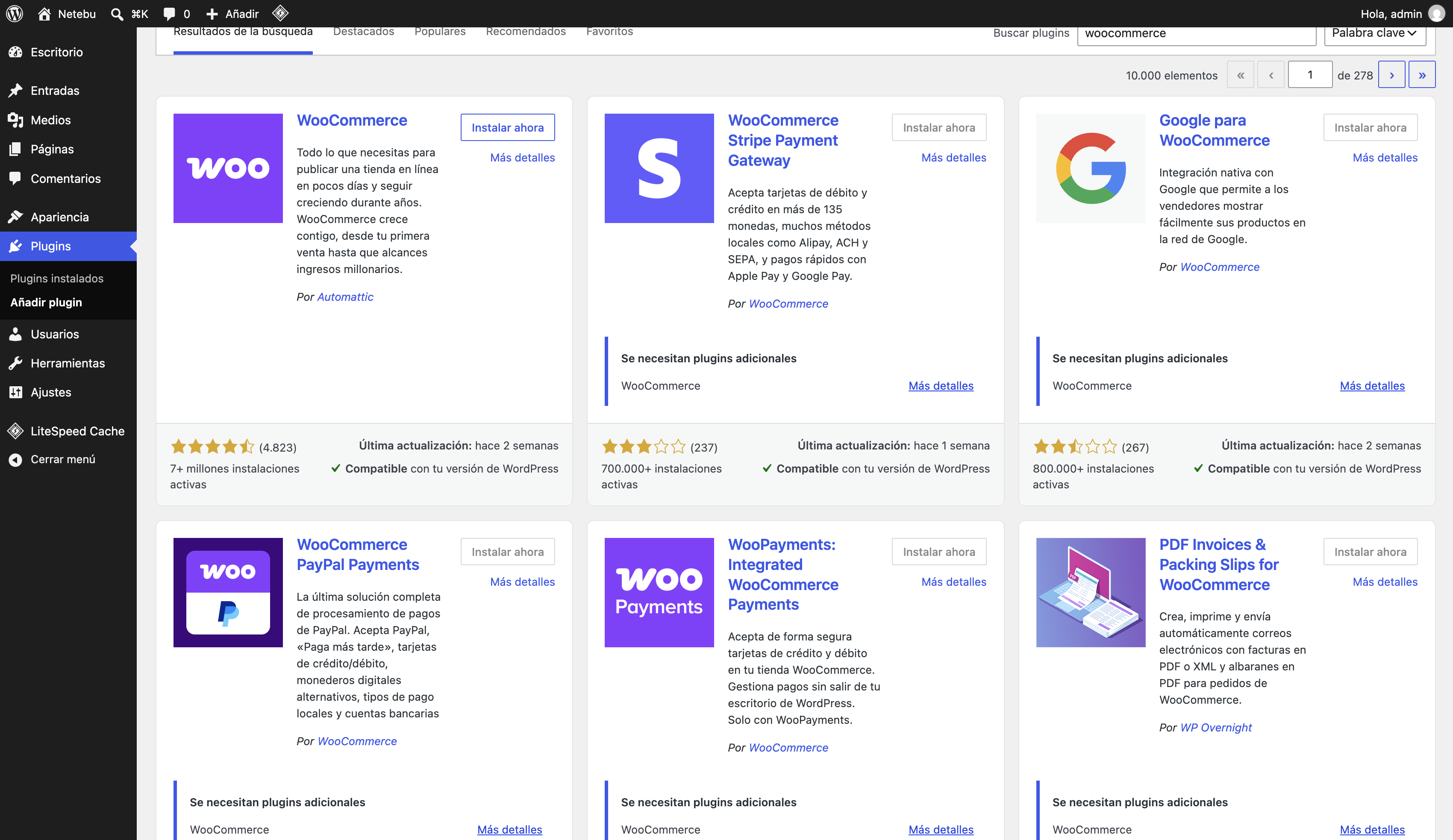 Buscador de plugins de WordPress con WooCommerce y el botón Instalar ahora
