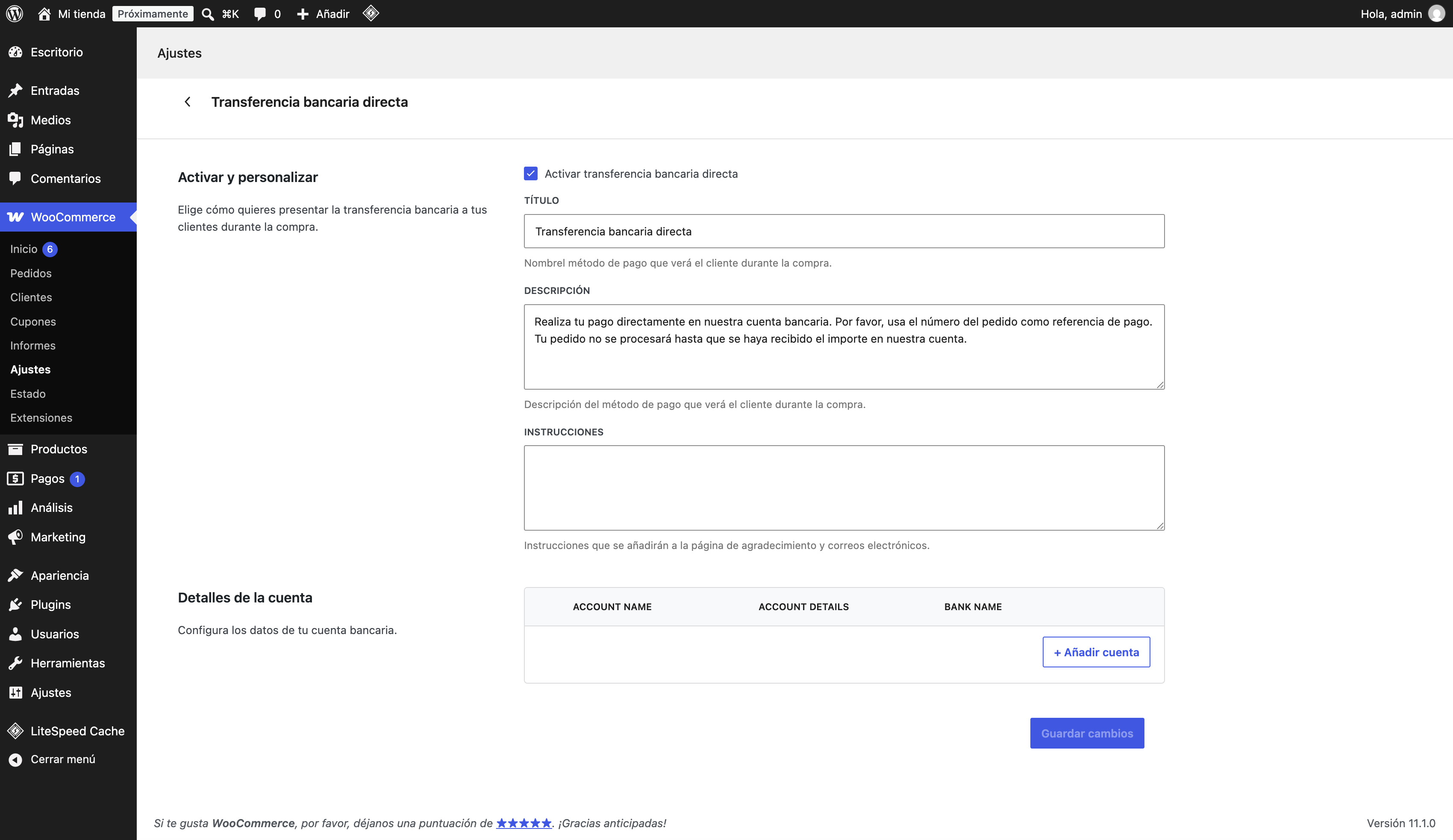 Transferencia bancaria directa activada en los ajustes de pagos de WooCommerce