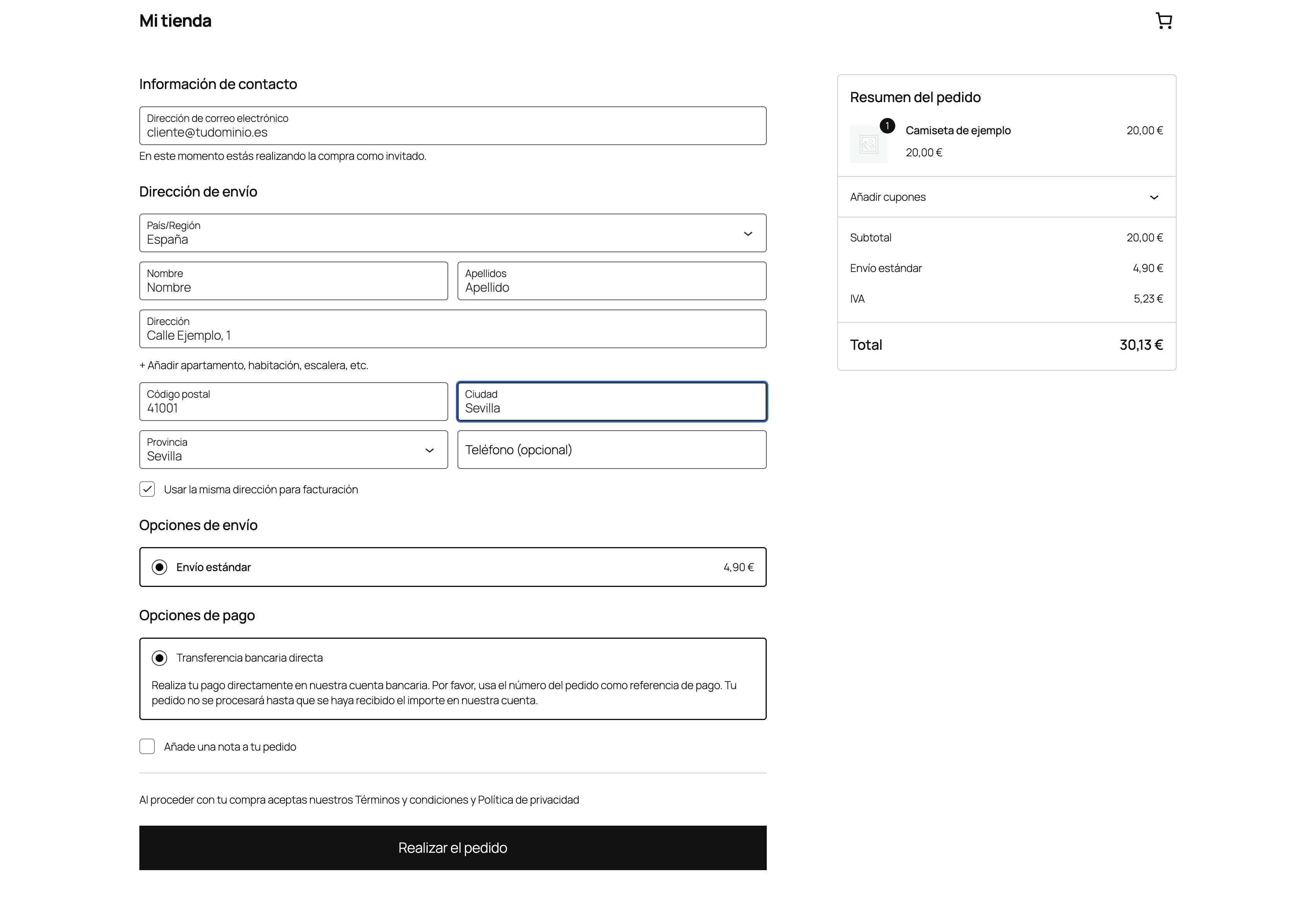 Página Finalizar compra de la tienda con el envío estándar, el IVA calculado y la transferencia bancaria como método de pago