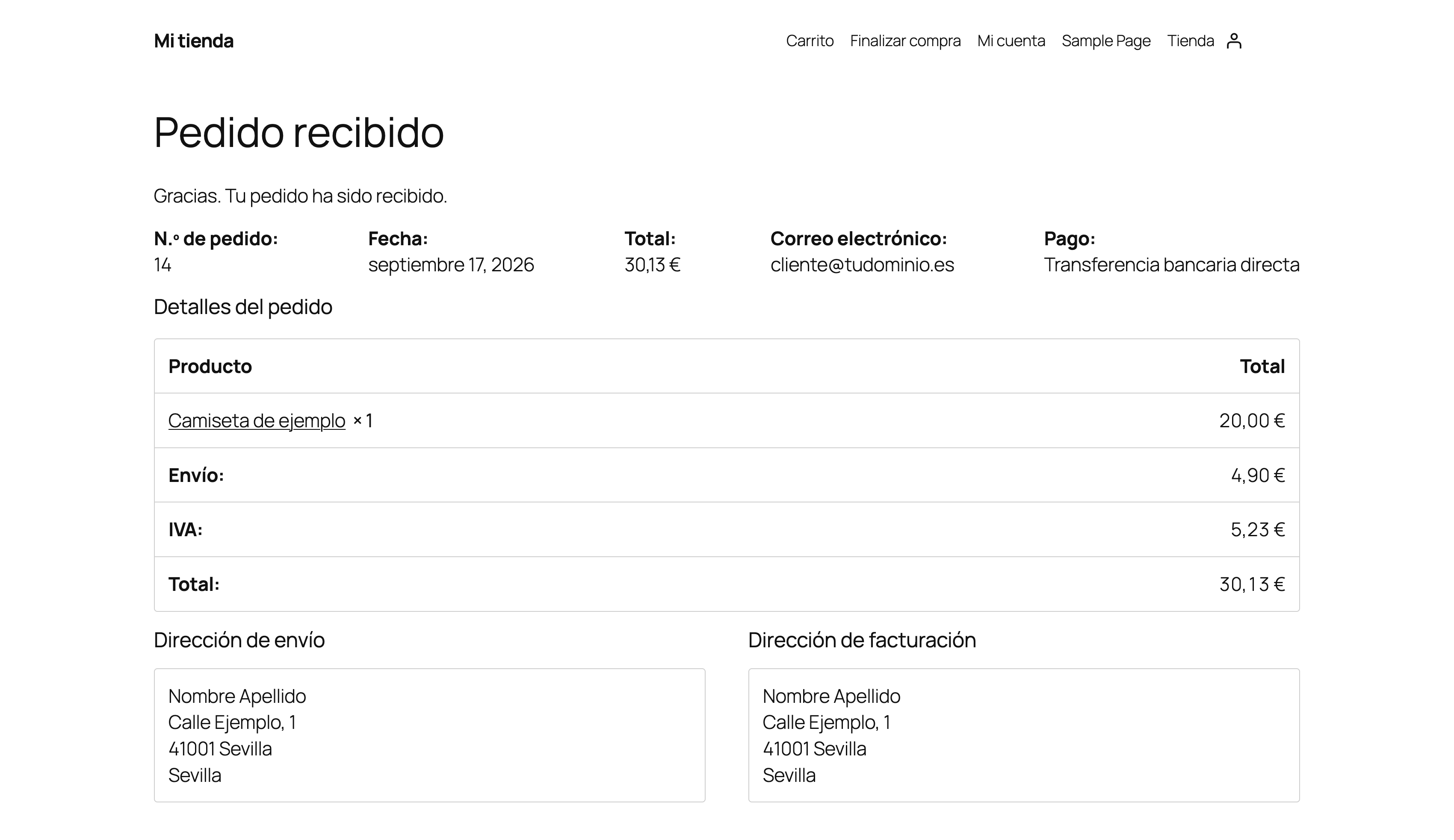 Página Pedido recibido de la tienda con el número de pedido, el total, el correo del cliente y el pago por transferencia