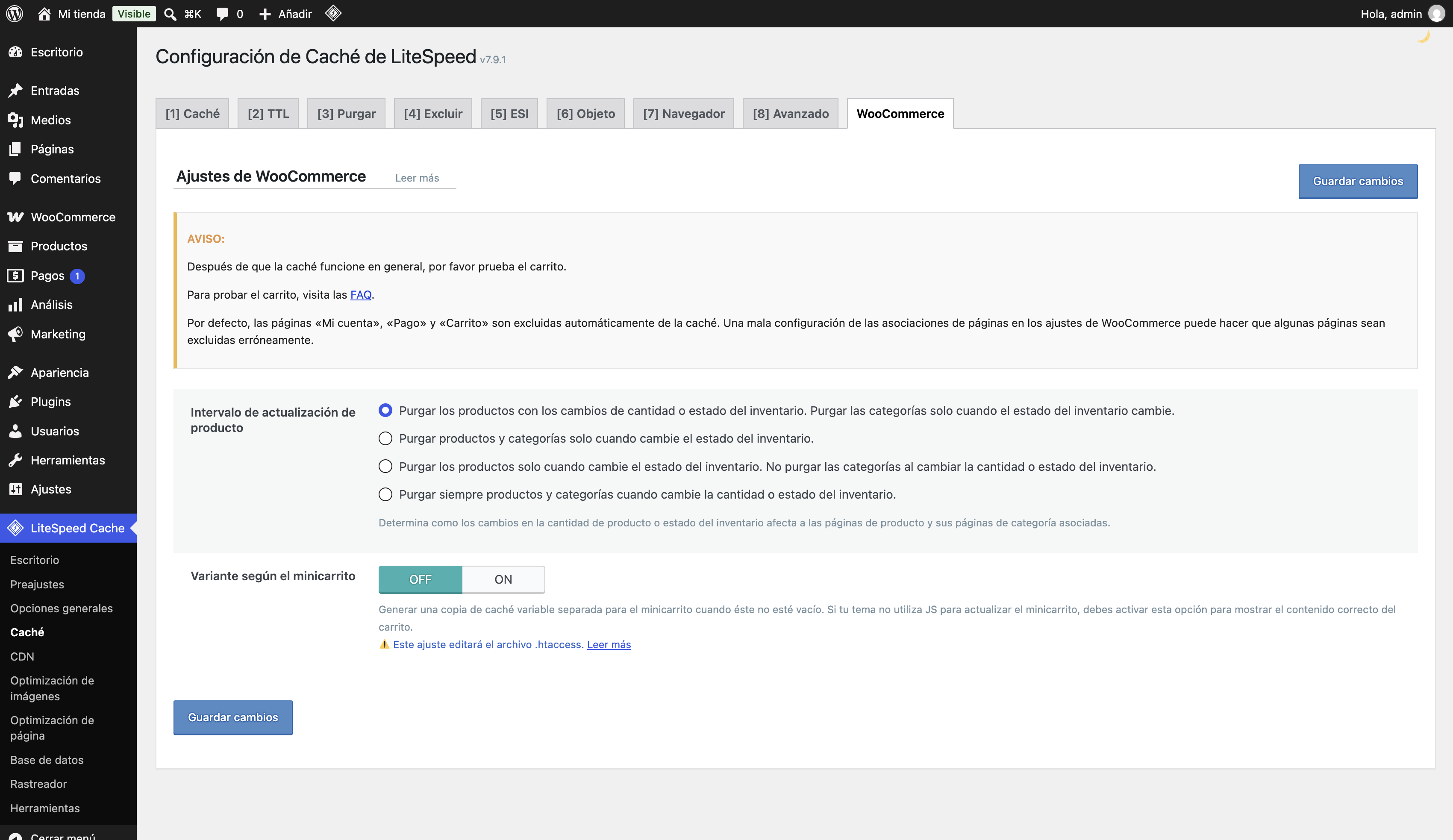 Pestaña WooCommerce de LiteSpeed Cache con el intervalo de actualización de producto y la variante según el minicarrito