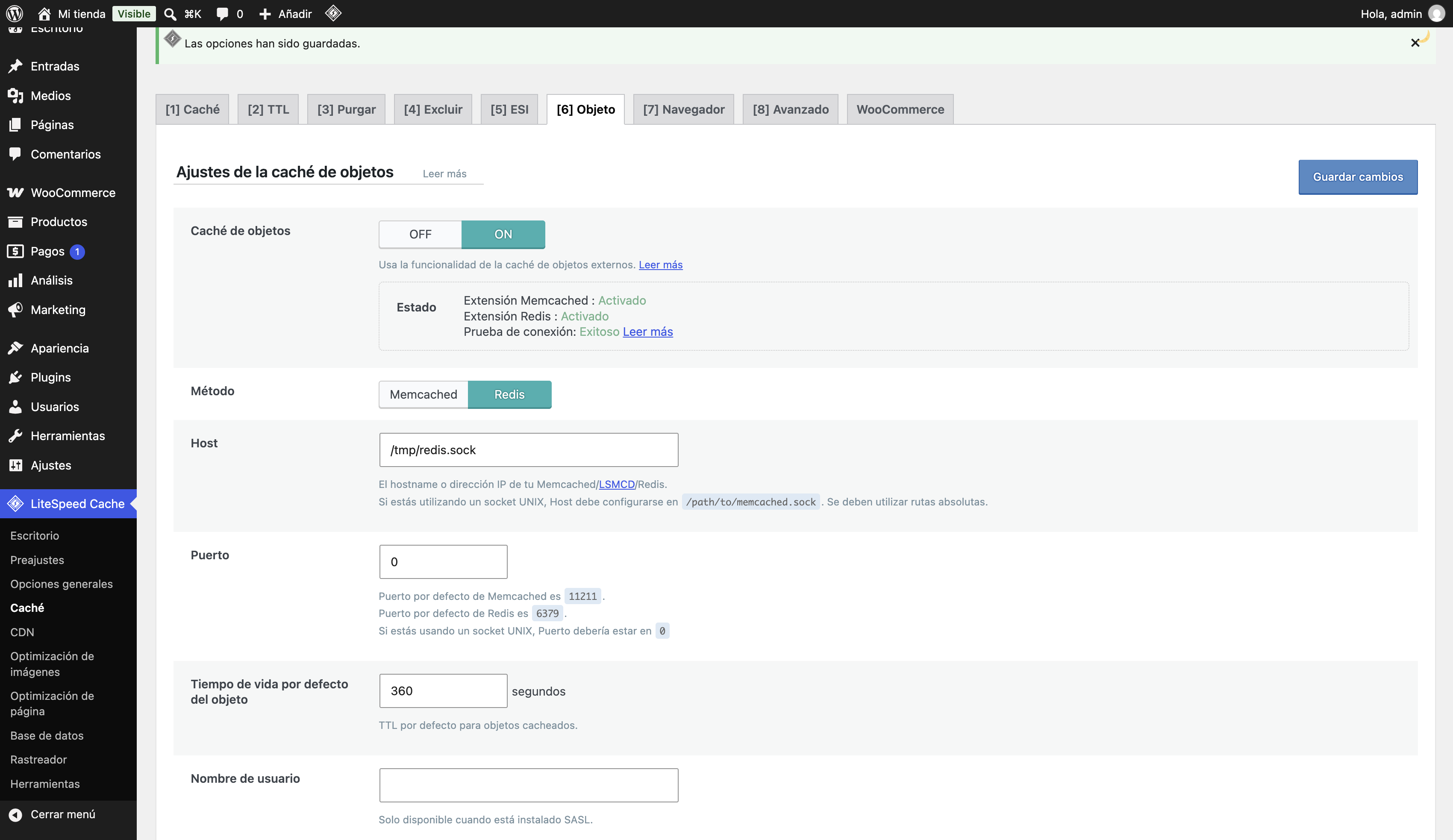 Pestaña Objeto de LiteSpeed Cache con la caché de objetos en ON, método Redis, host /tmp/redis.sock, puerto 0 y la prueba de conexión en Exitoso