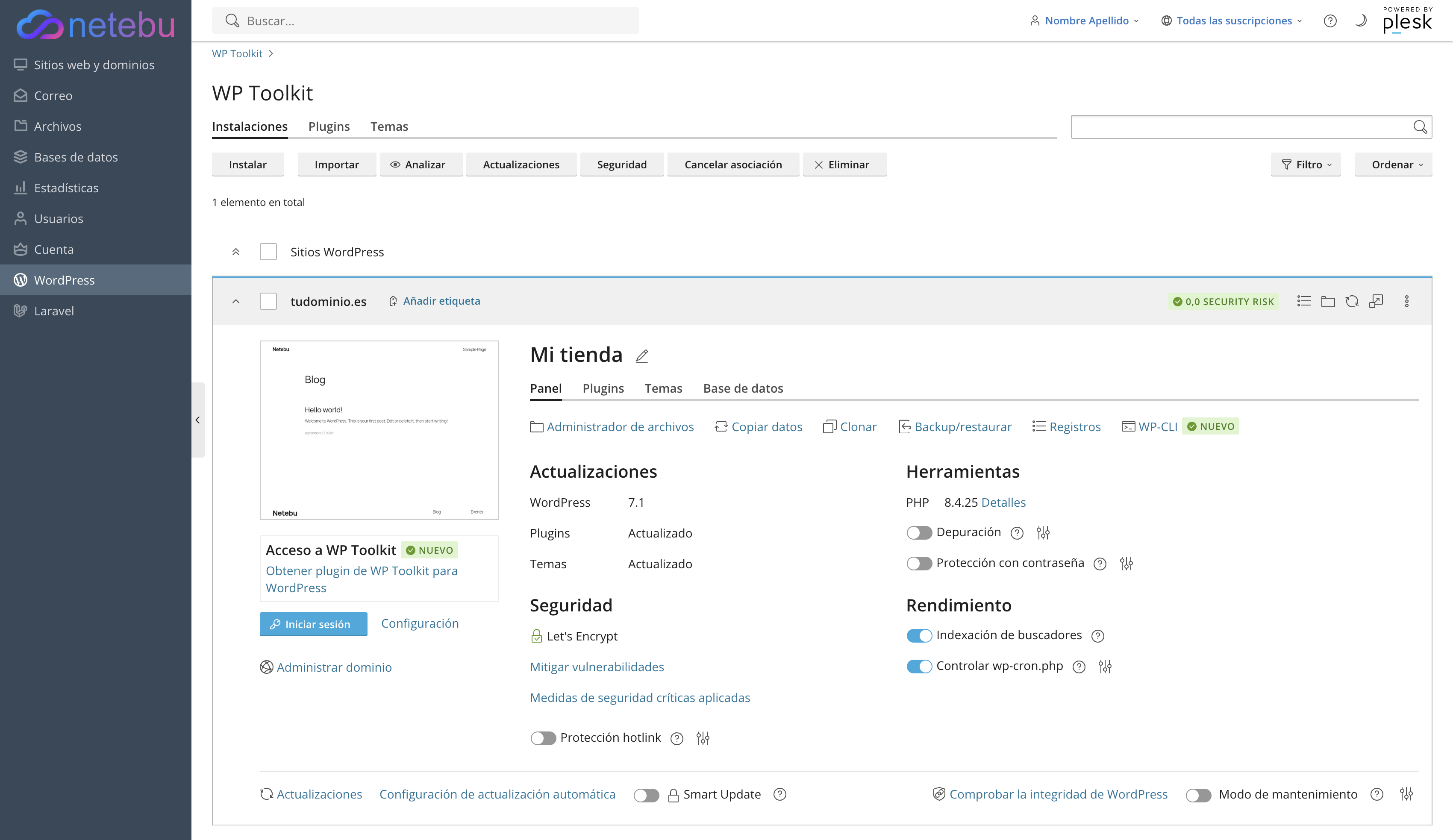 Ficha de WordPress en WP Toolkit con el interruptor Controlar wp-cron.php activado en el bloque Rendimiento