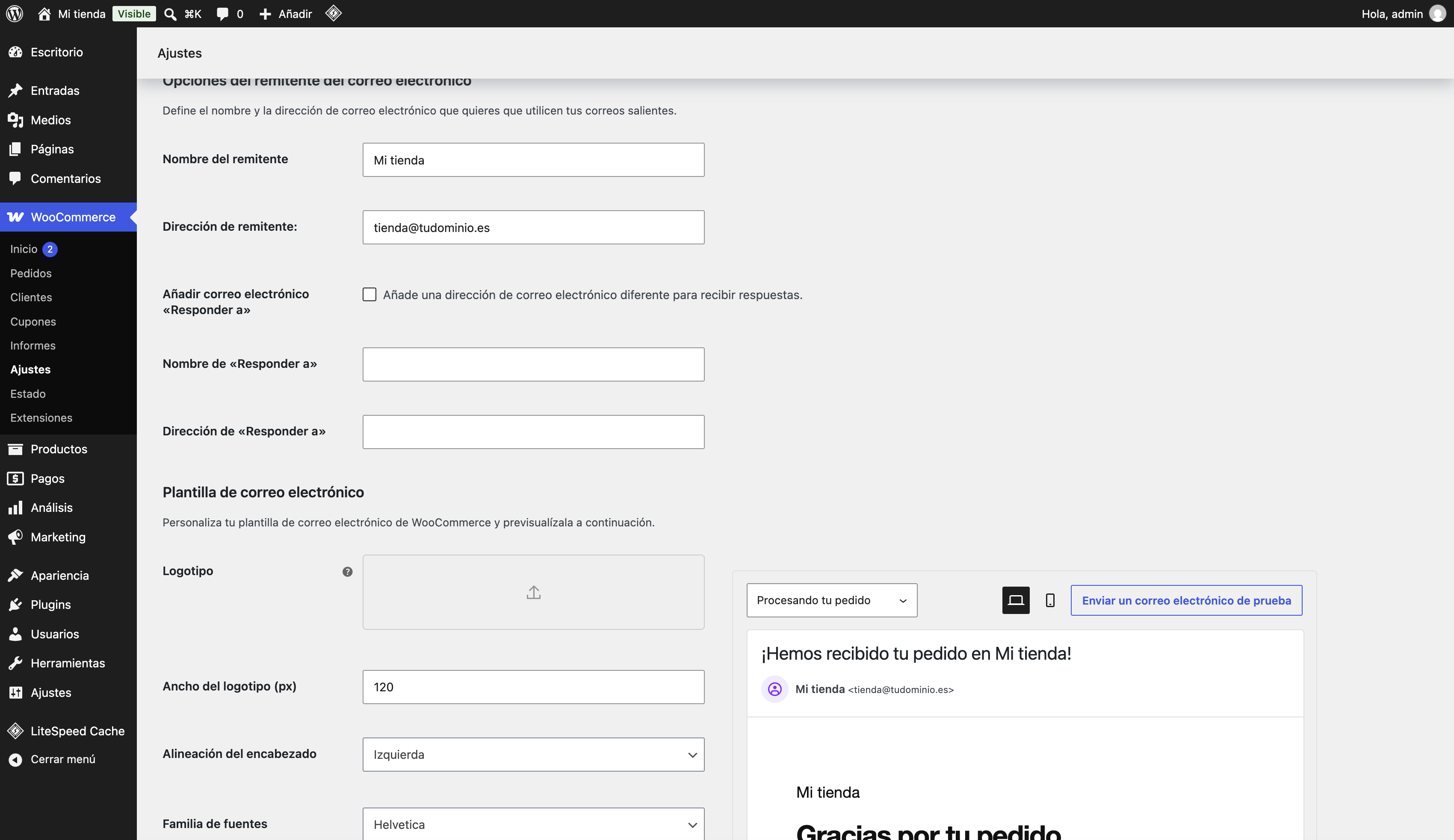 Opciones del remitente de WooCommerce con el nombre de la tienda y una dirección del propio dominio, y la vista previa del correo de pedido